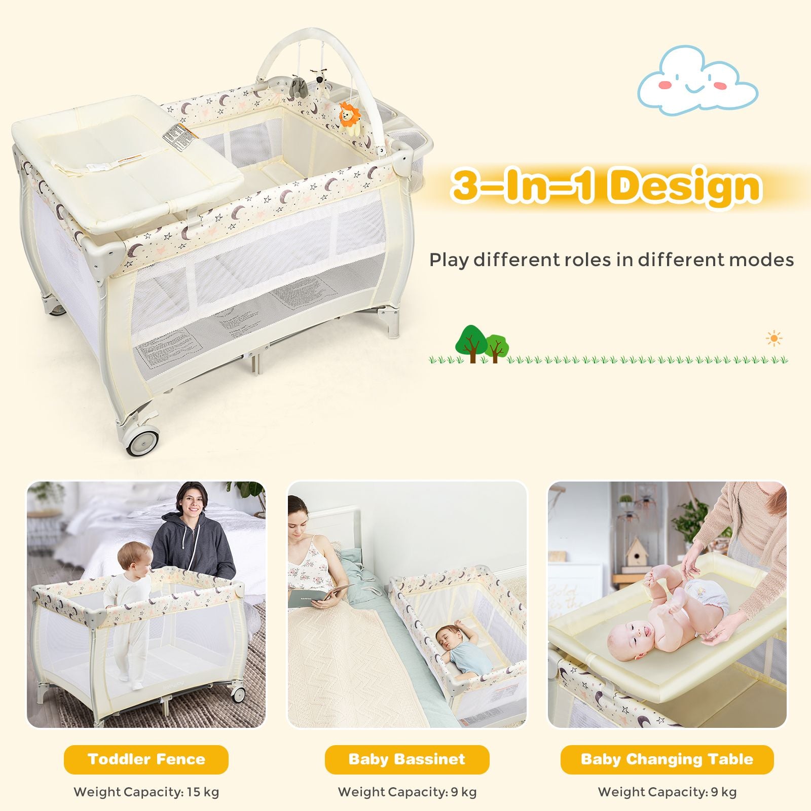 3 in 1 Convertible Bassinet Cot with Changing Table and Toy Bar