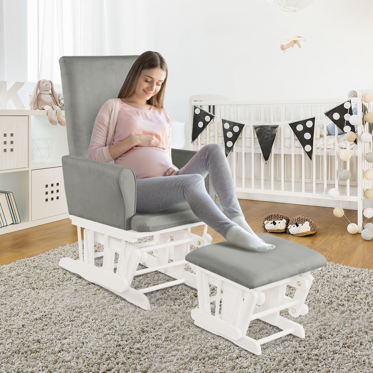 Hoop Glider and Ottoman Set with Solid Wooden Frame