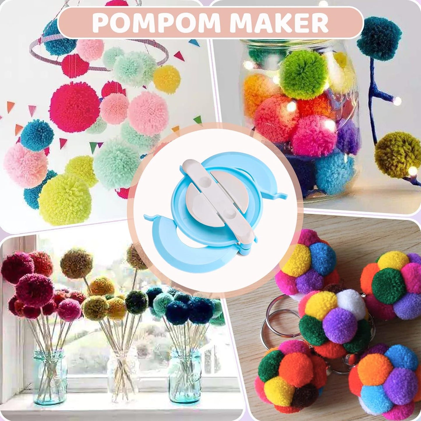 Pom Pom Maker Kit,4 Sizes Pompom Making Tool Set with Small Scissors,10 Plastic