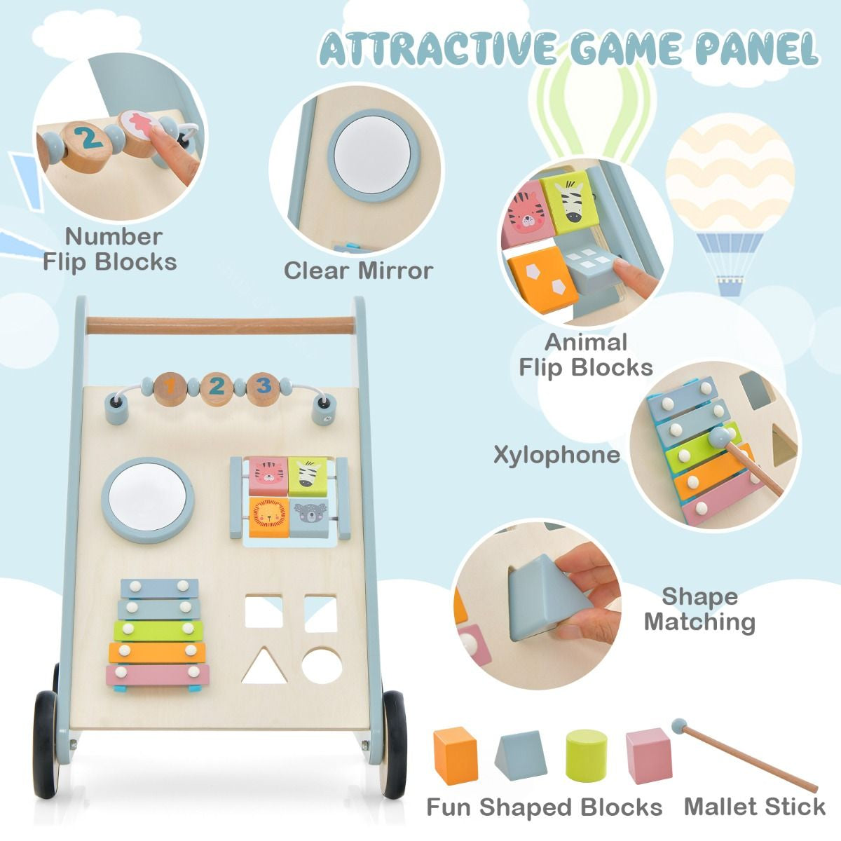 Toddler Push Walker with Xylophone and Flip Blocks