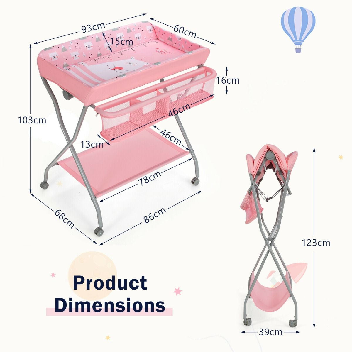 Rolling Baby Changing Table with Large Storage Basket