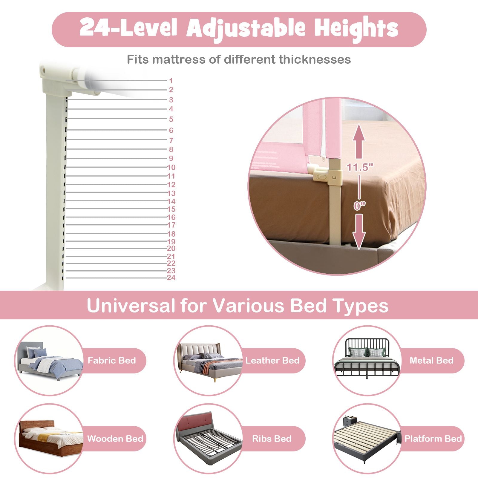 175 Cm Infant Safety Bed Guardrail with Anti-Collision Cotton and Side Pocket