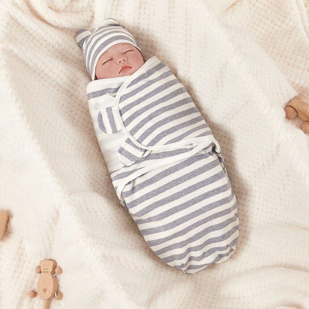 Soft Baby Swaddle Wrap Adjustable Newborn Wrap Baby Hat Set Birth Outfit