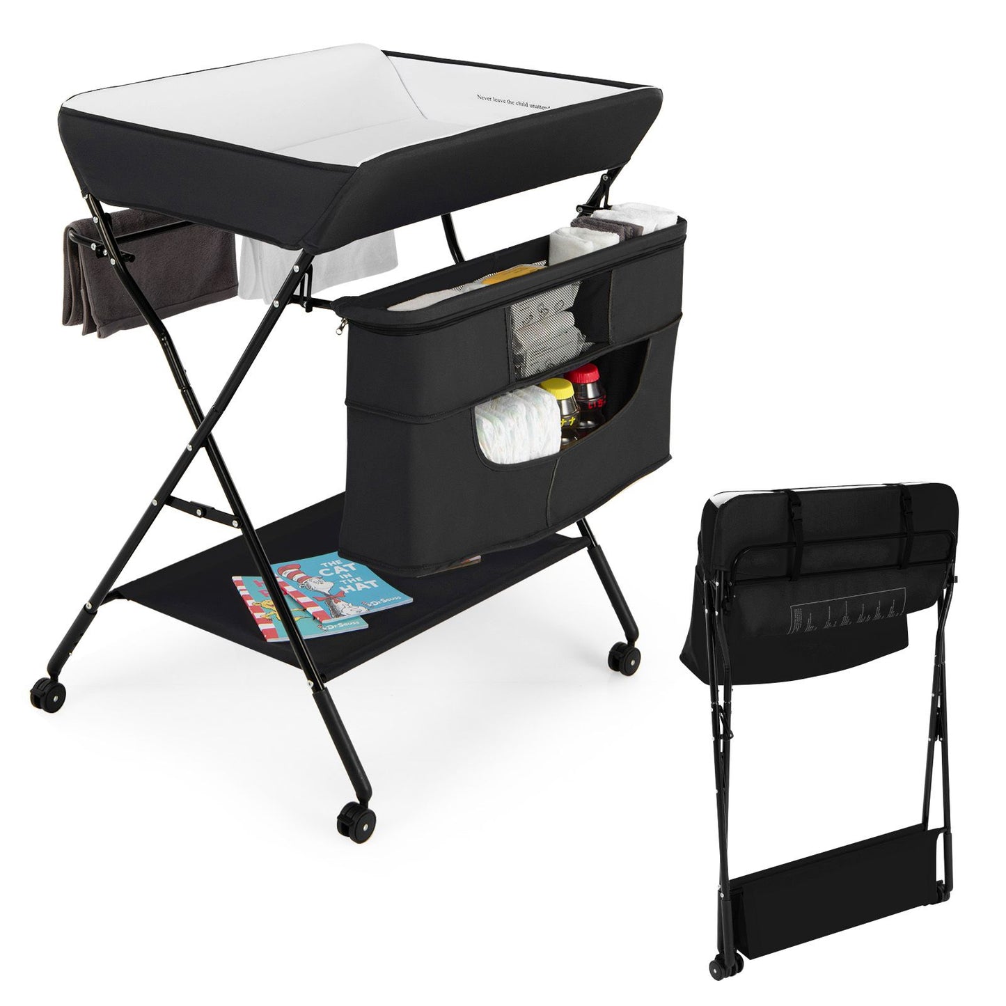 Folding Changing Table with 4-Level Adjustable Height and Wheels