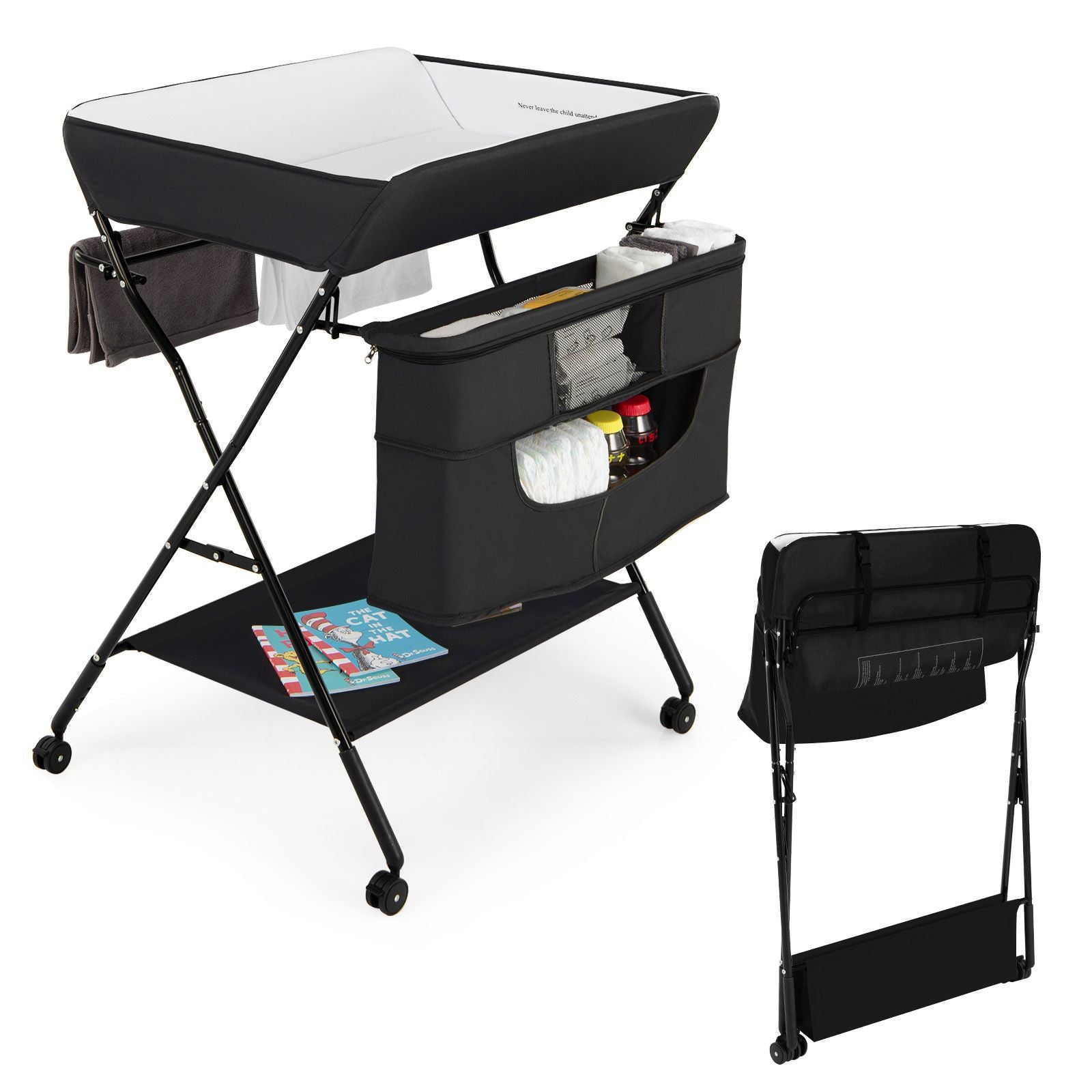 Folding Changing Table with 4-Level Adjustable Height and Wheels