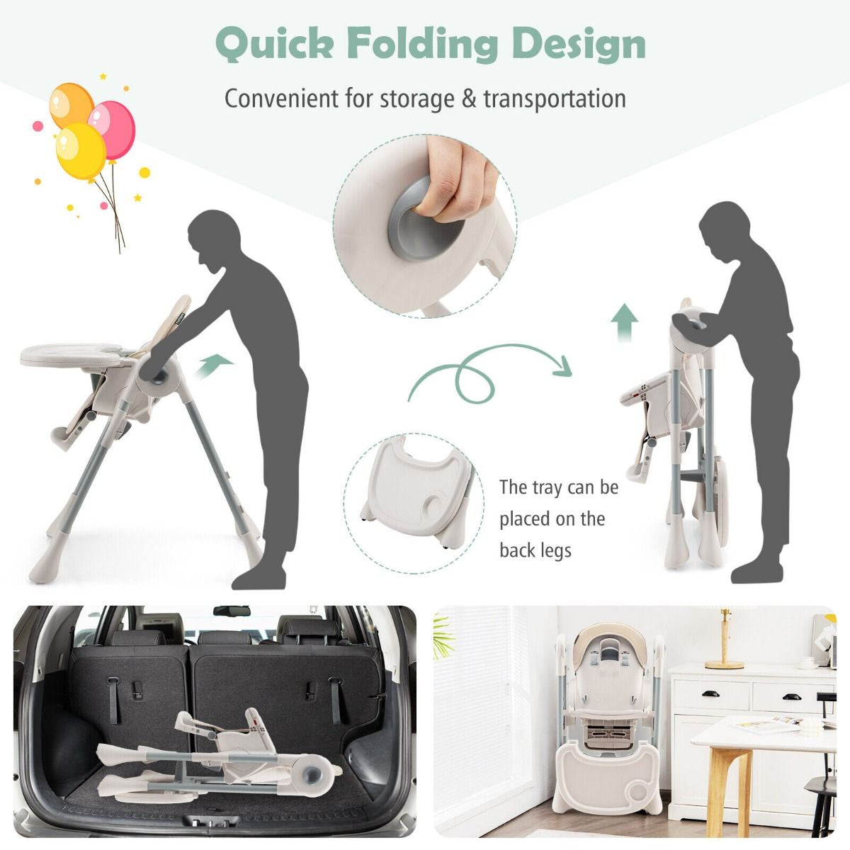 Foldable Convertible Baby High Chair with Adjustable Height and Removable Tray