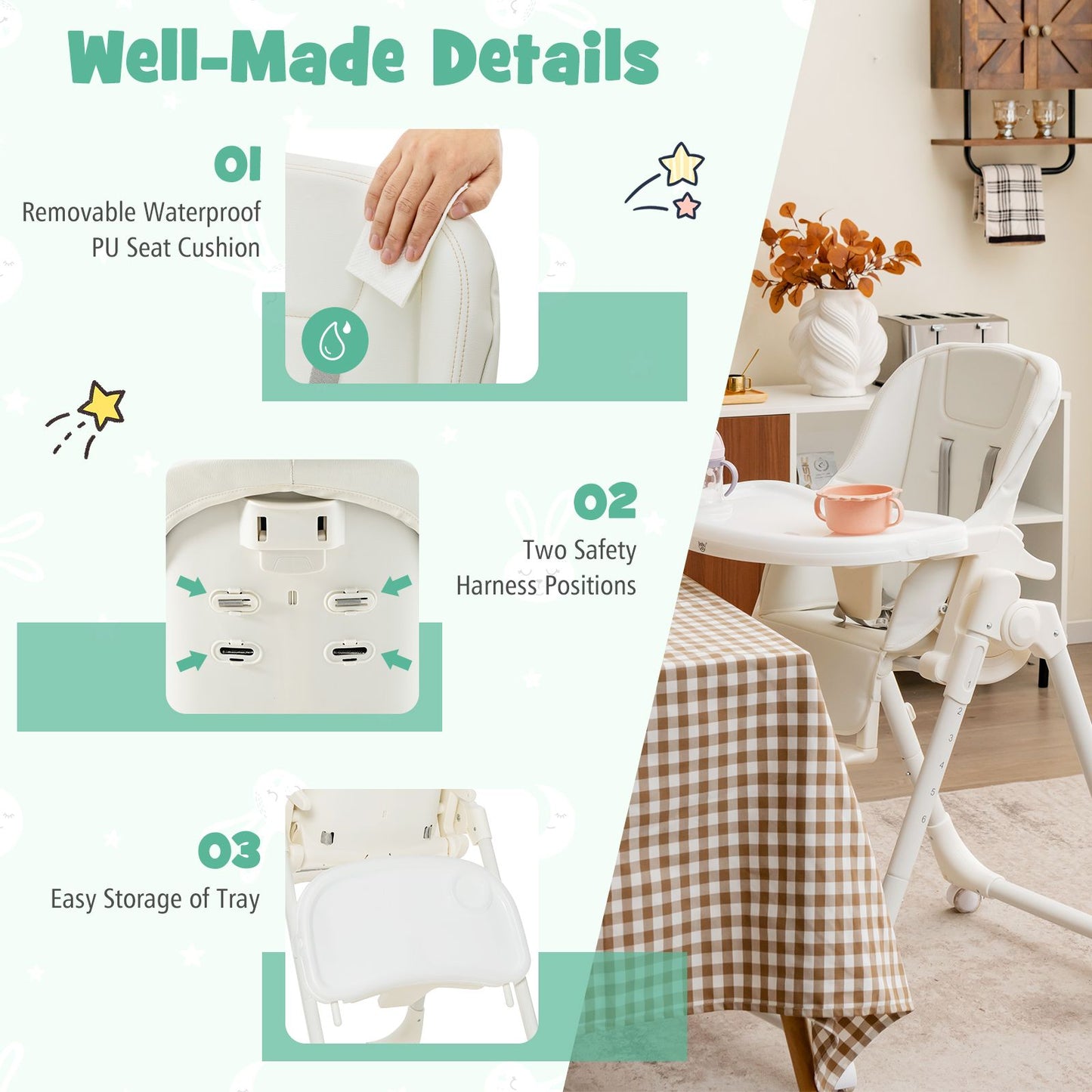 Folding Adjustable High Chair with 5 Recline Positions for Babies Toddlers