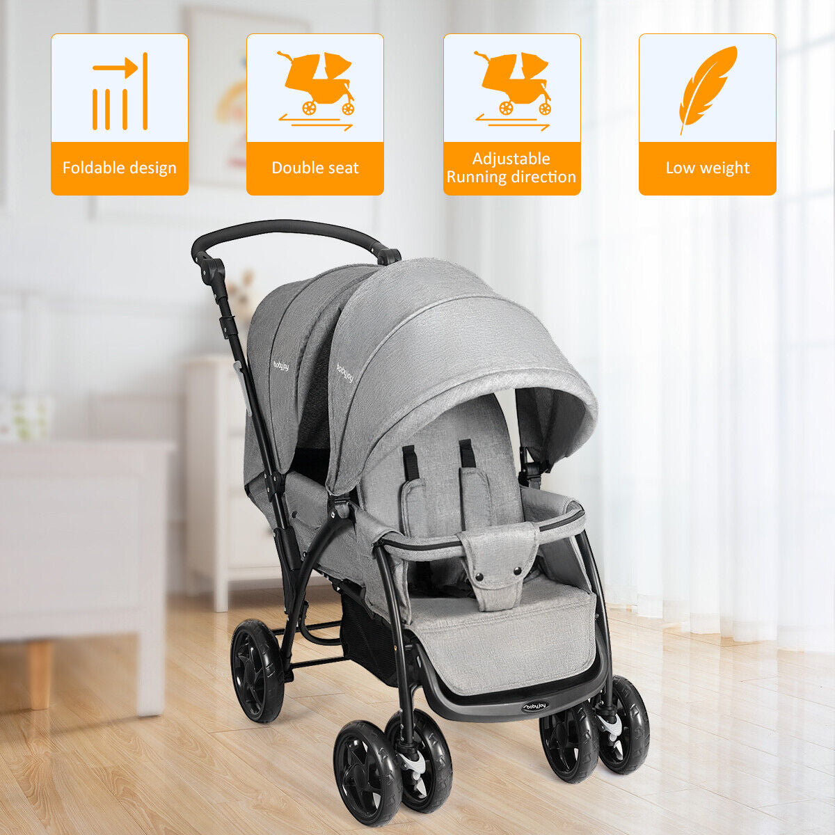 Baby Pram Double Seat Safety Belt Adjustable Backrest Buggy Pushchair Stroller