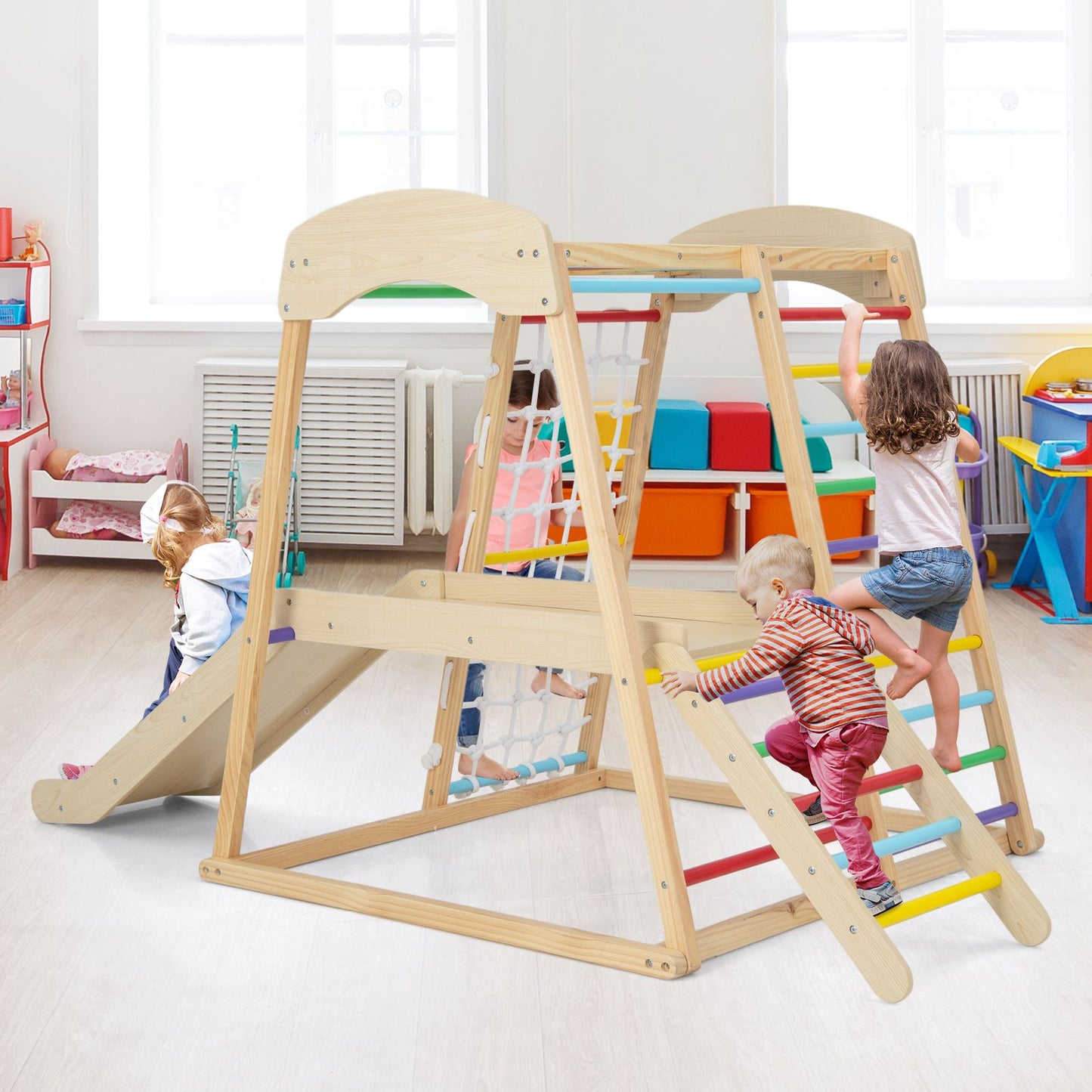 6-In-1 Indoor Jungle Gym Kids Wooden Playground Climber Playset