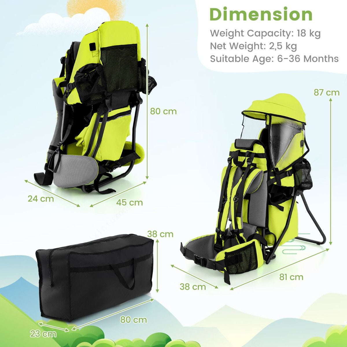 Child Carrier Backpack with Detachable Mouthwipes Removable Canopy and Storage Bag