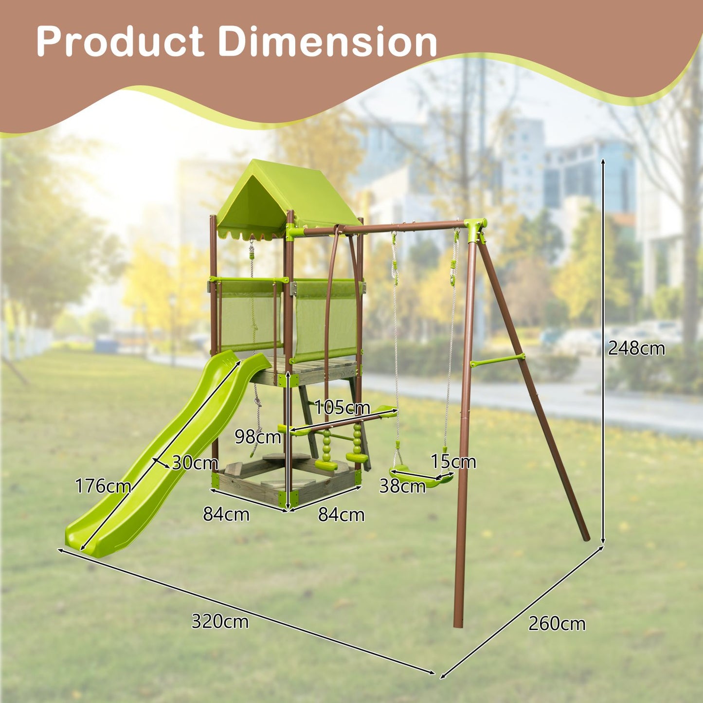 7-In-1 Swing Set Outdoor Metal Playset with Covered Fort