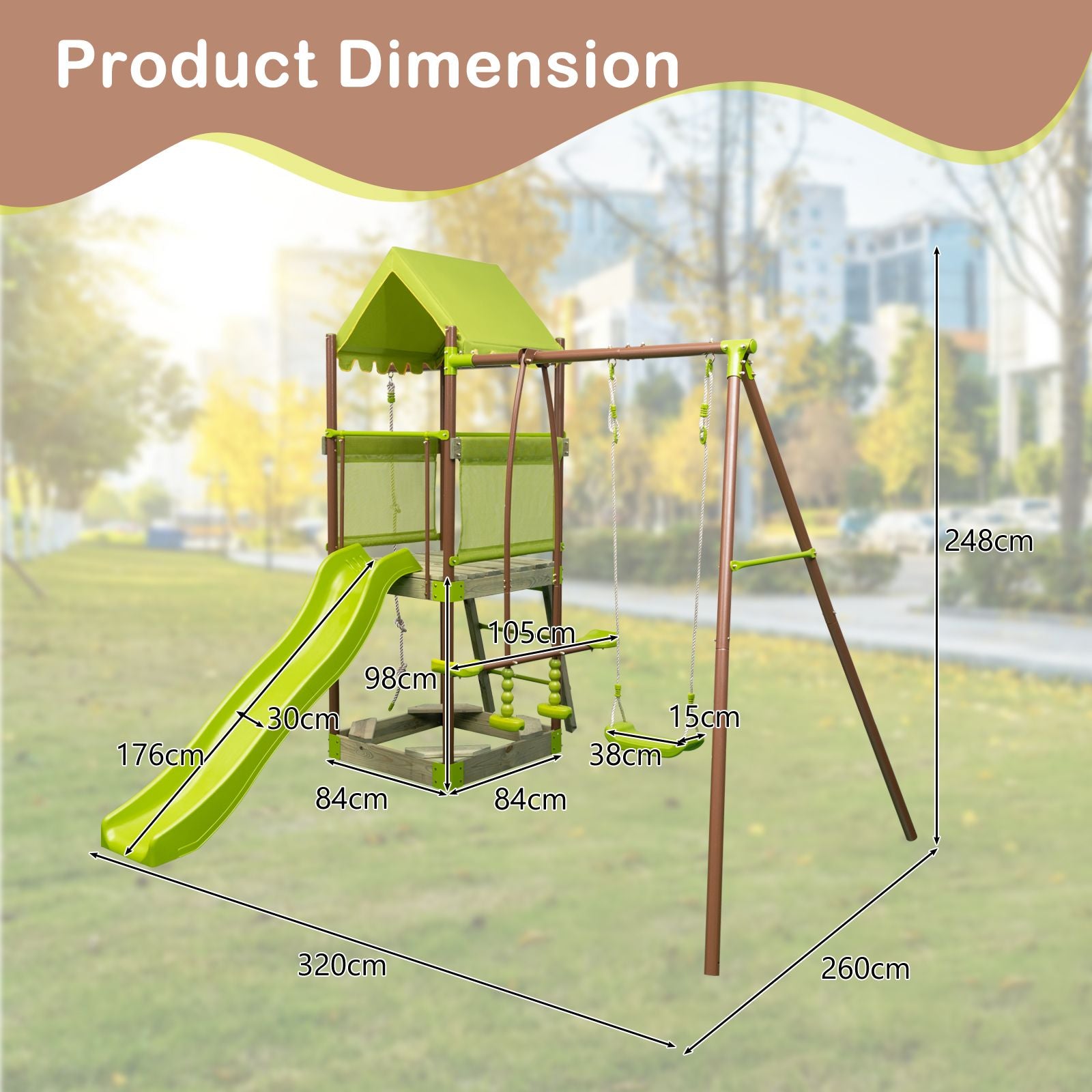 7-In-1 Swing Set Outdoor Metal Playset with Covered Fort