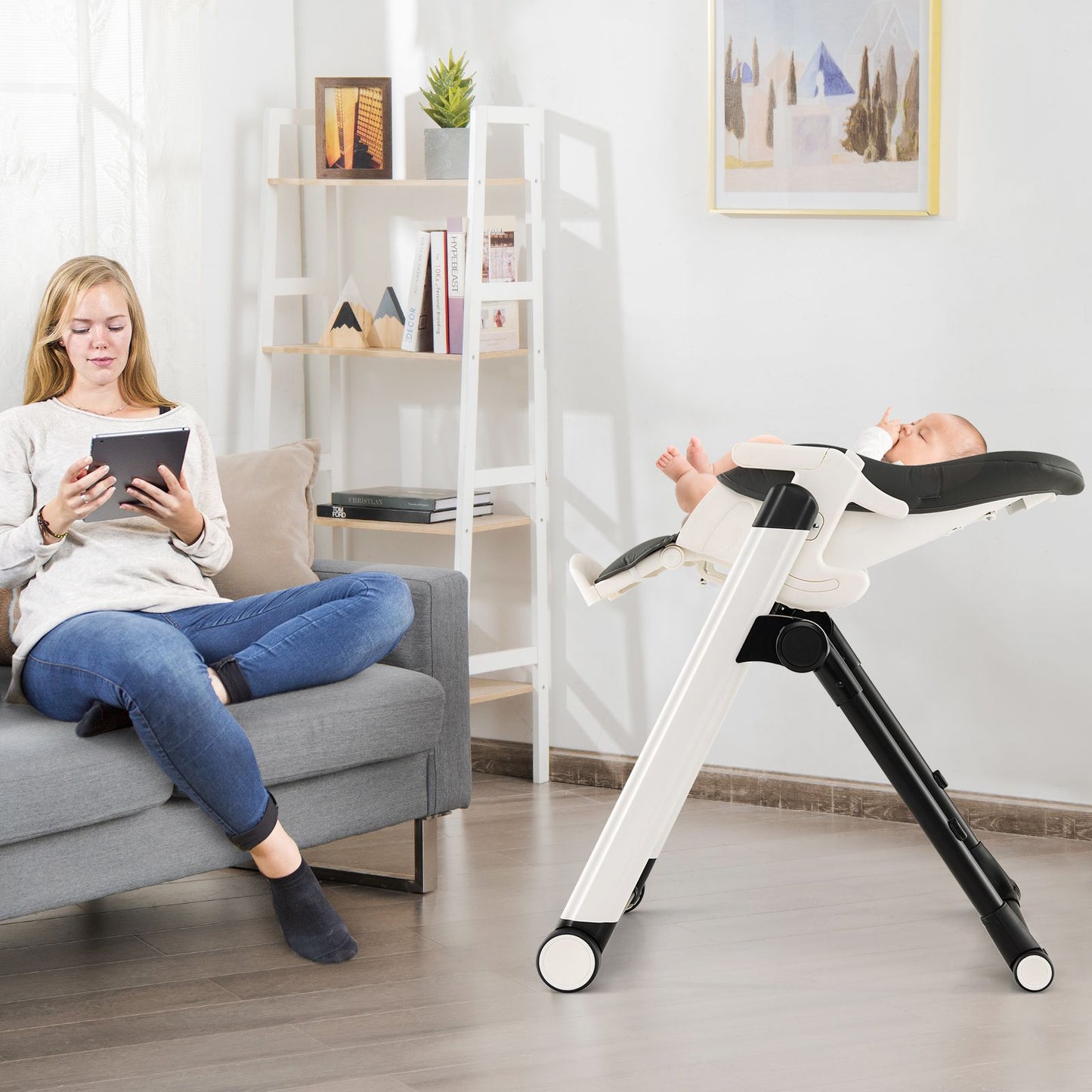 Foldable High Chair with Recline Backrest and Adjustable Height
