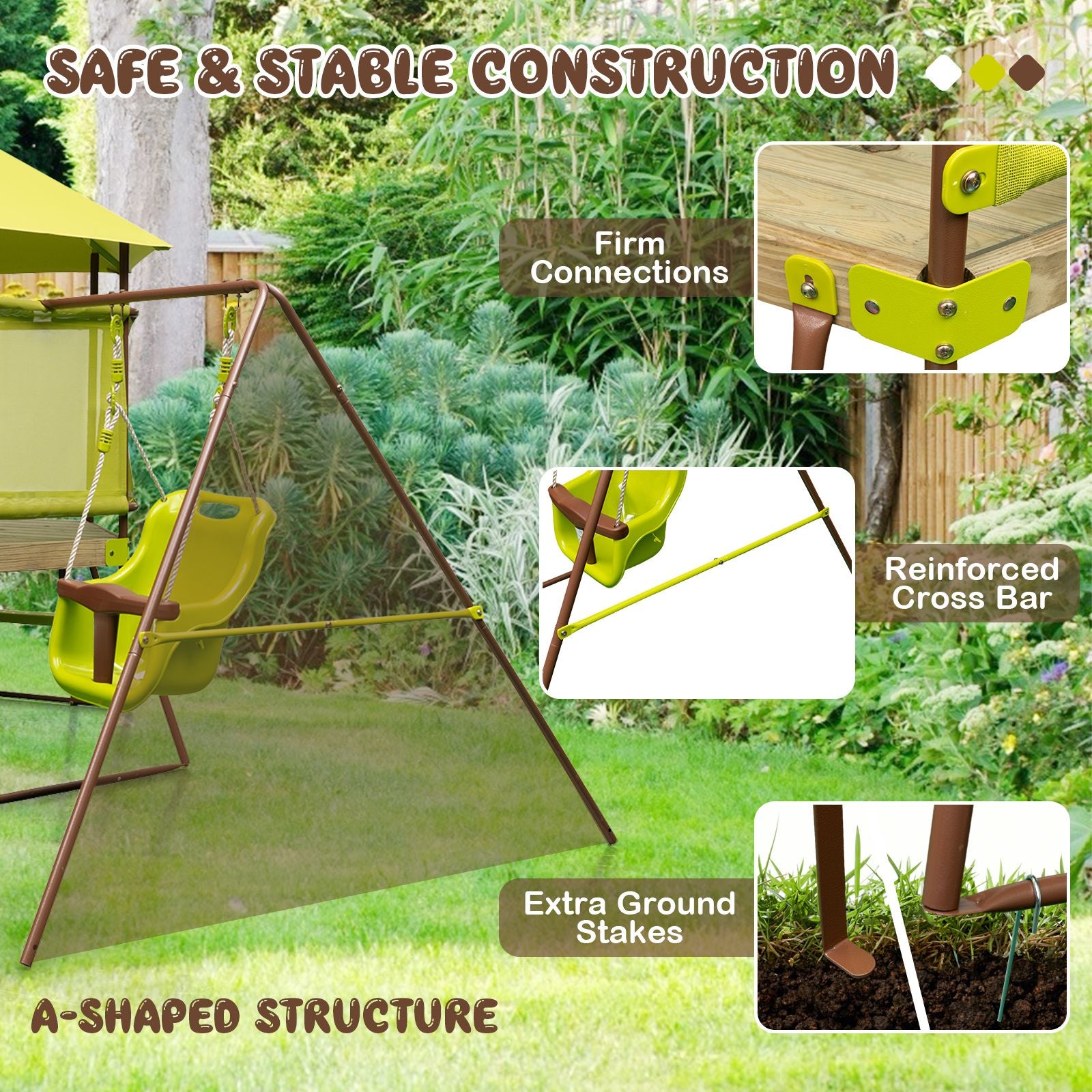 4-In-1 Swing Set with Height Adjustable Baby Seat, Metal Stand and Ground Stakes