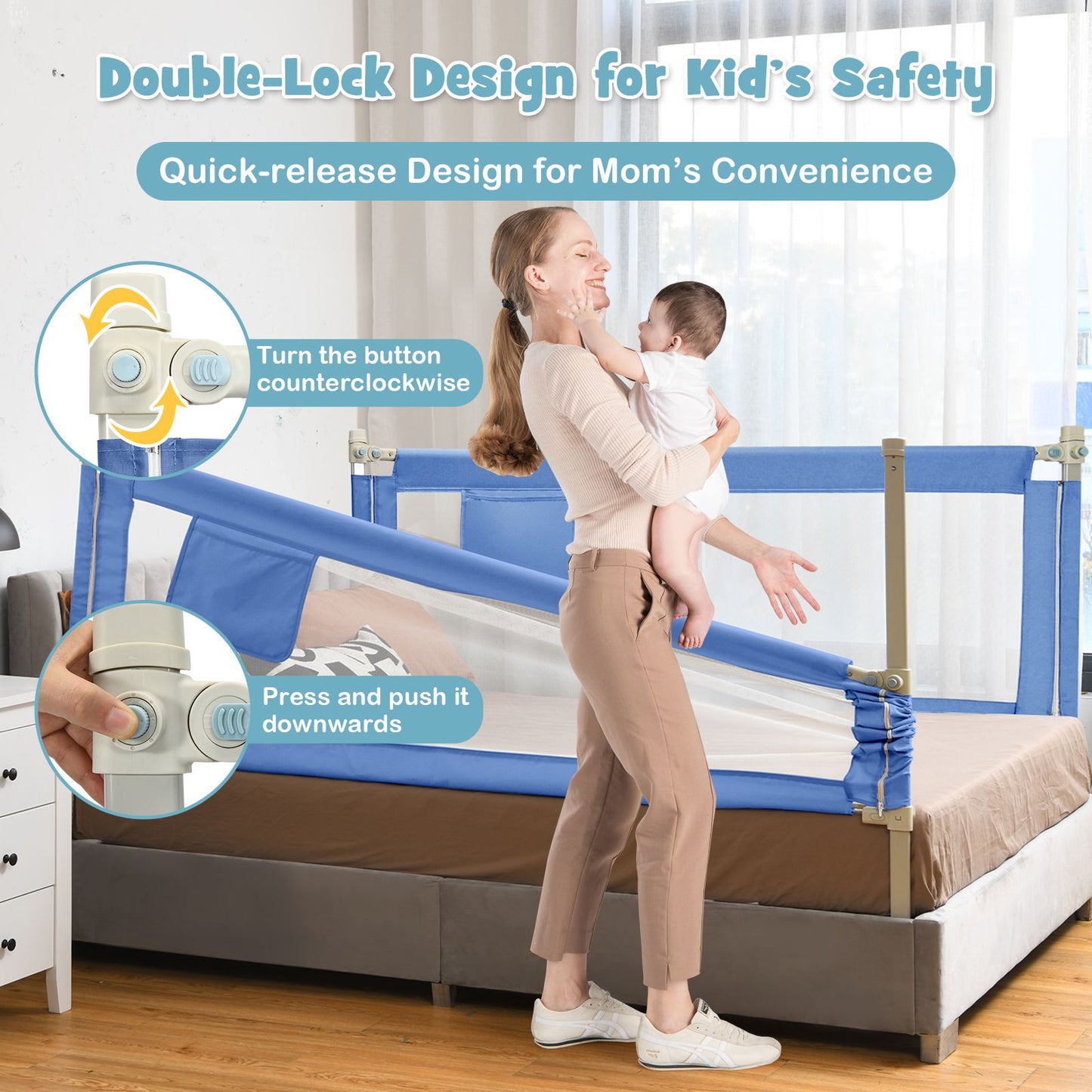175 Cm Infant Safety Bed Guardrail with Anti-Collision Cotton and Side Pocket