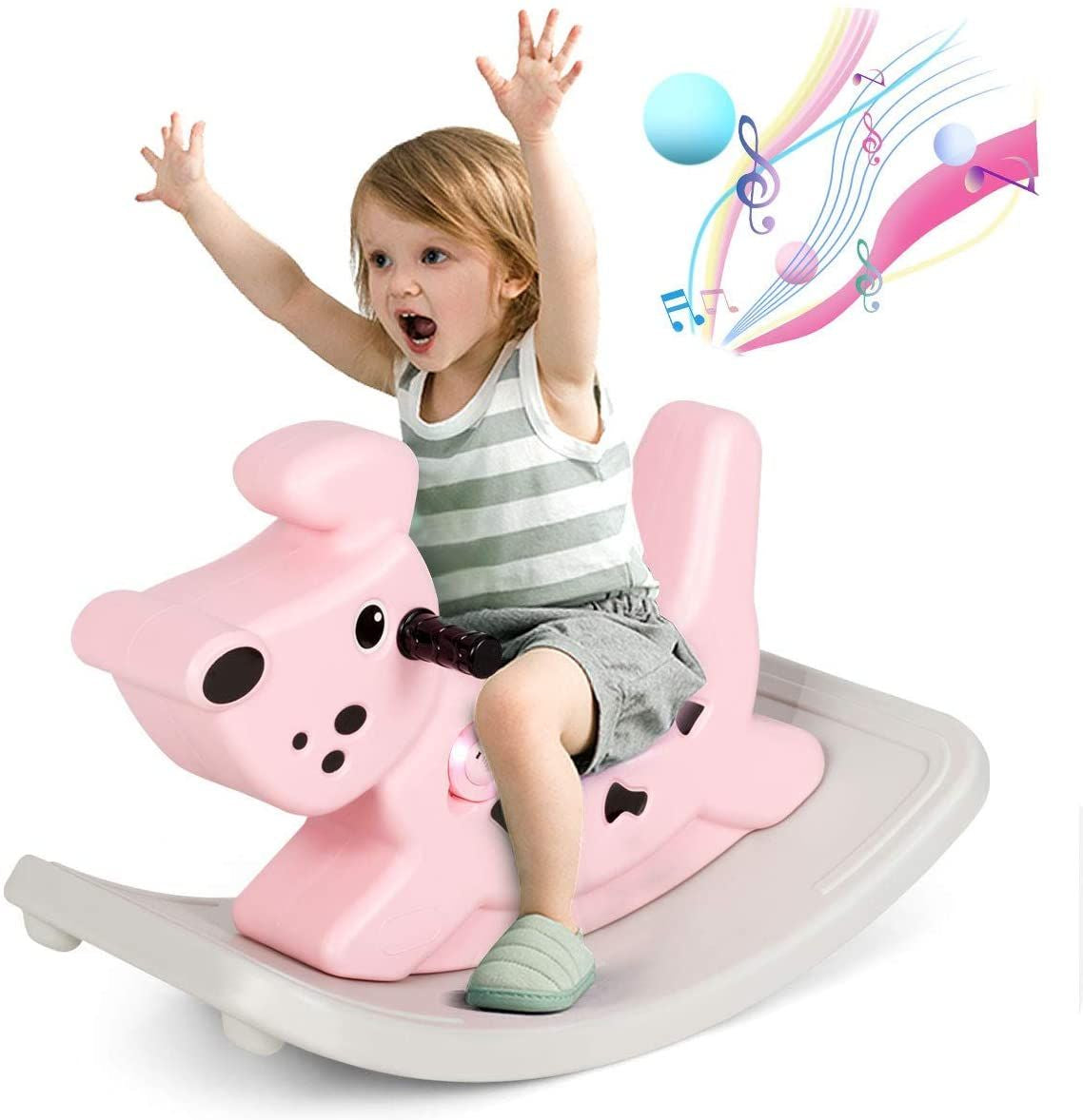 Kids Rocking Horse, Toddler Ride on Toy with Grip Handles, Music, and Lights