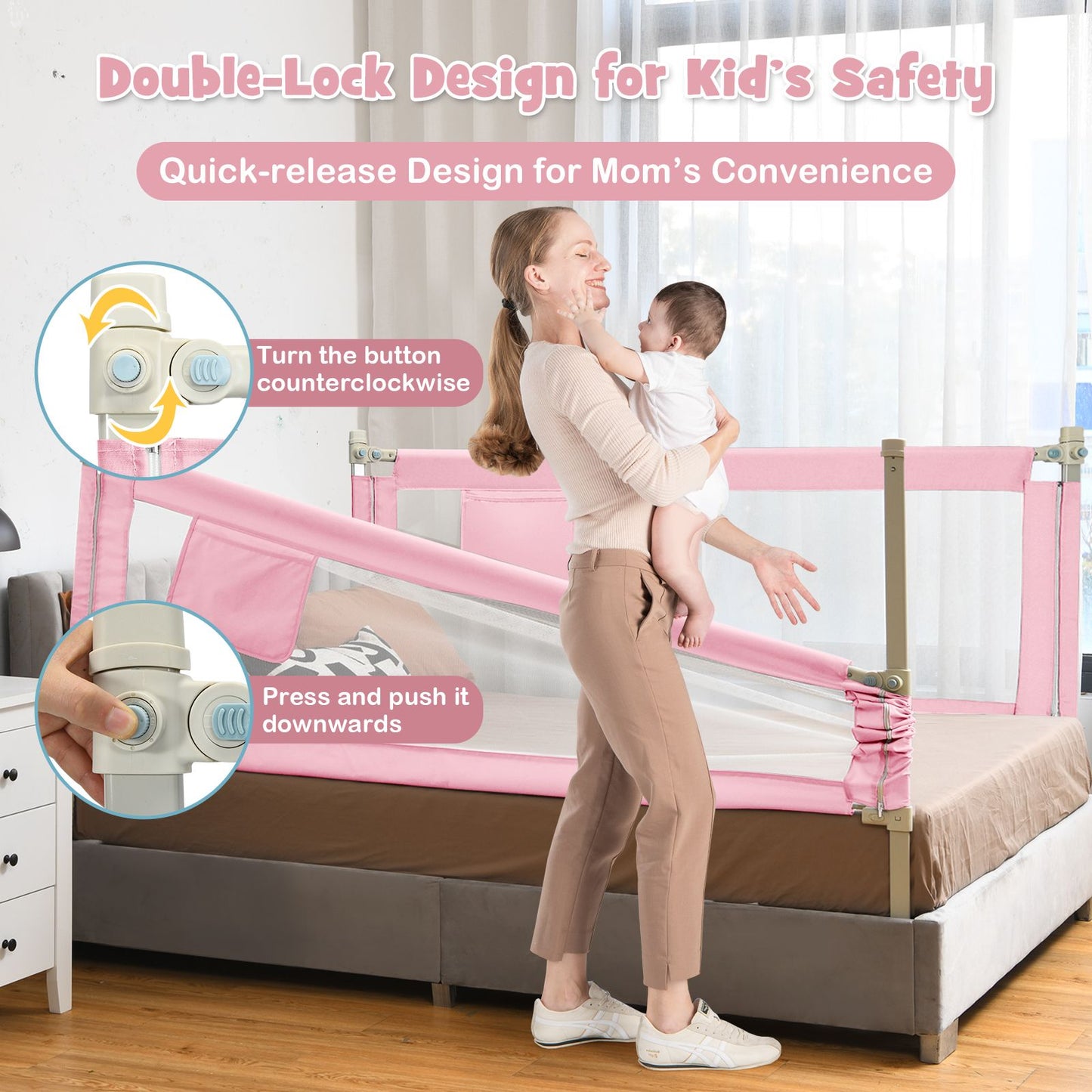 175 Cm Infant Safety Bed Guardrail with Anti-Collision Cotton and Side Pocket