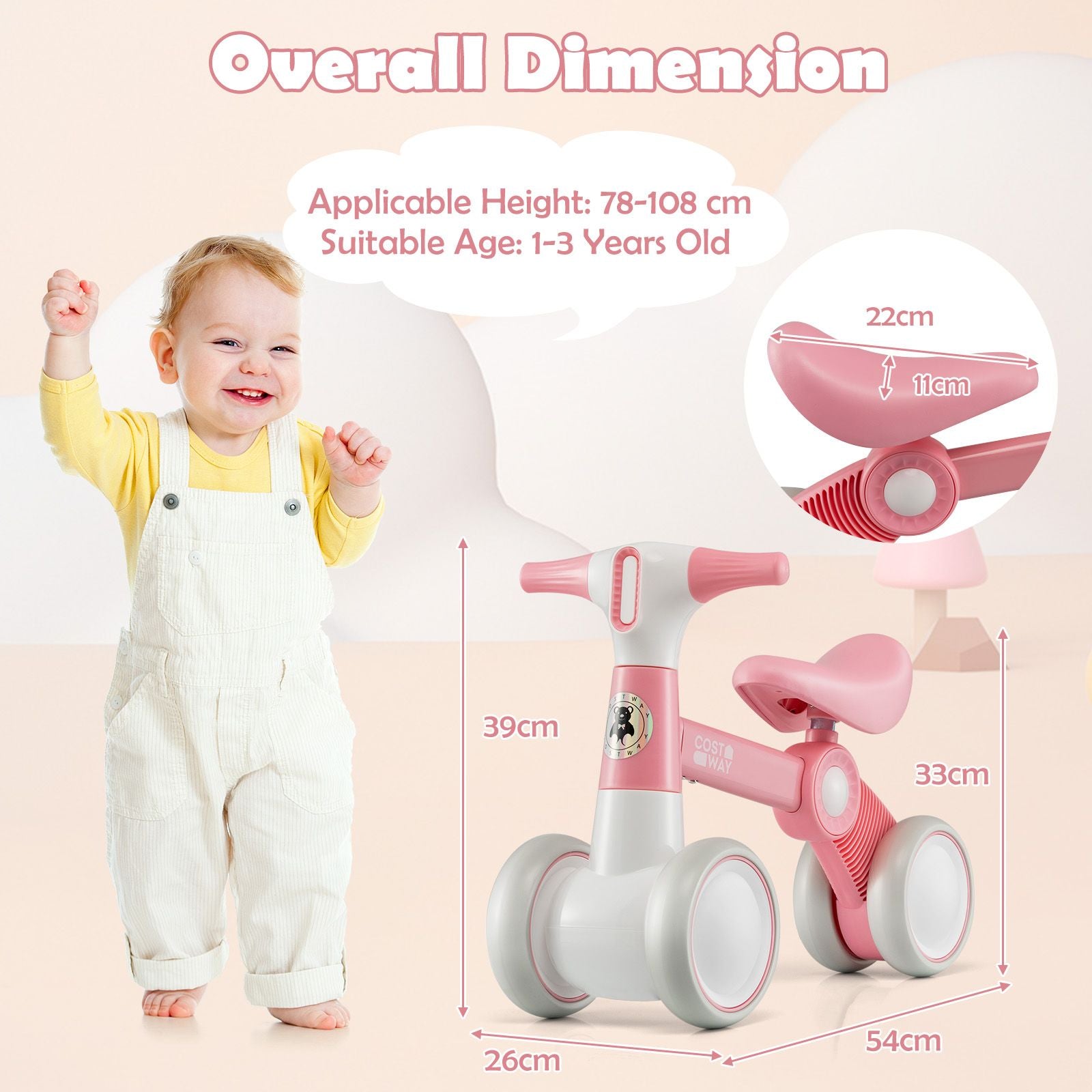 Cute Baby Balance Bike 4 Wheels with Steering Handlebars No Pedal