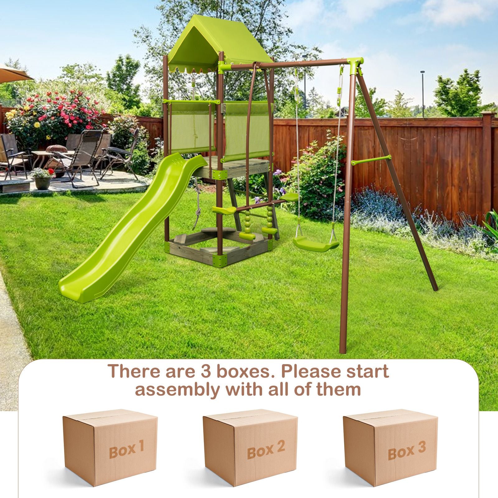 7-In-1 Swing Set Outdoor Metal Playset with Covered Fort