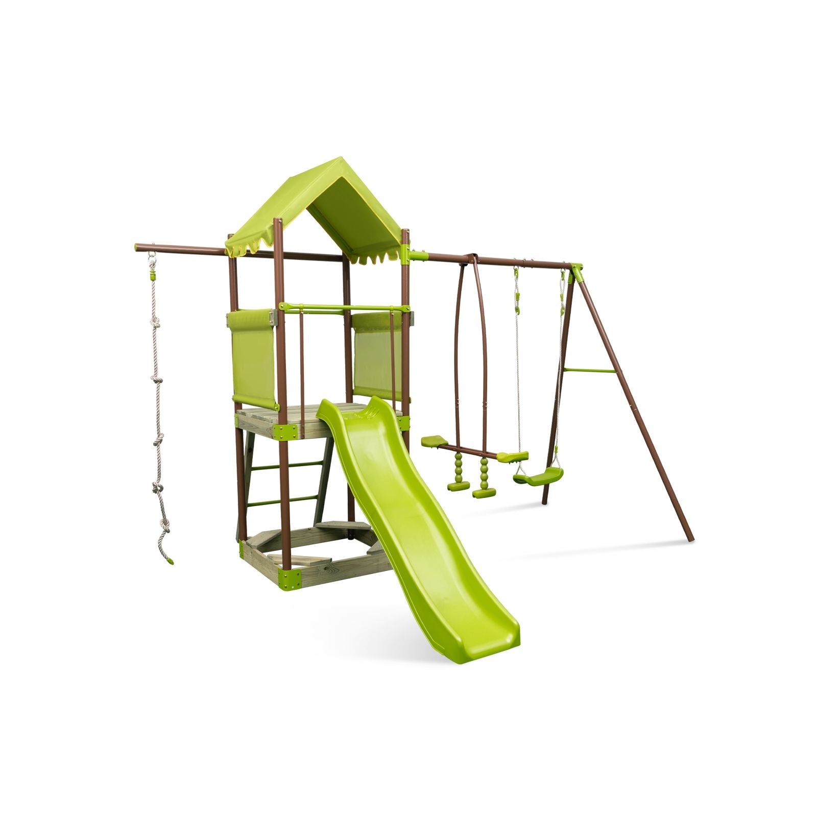 7-In-1 Swing Set Outdoor Metal Playset with Covered Fort