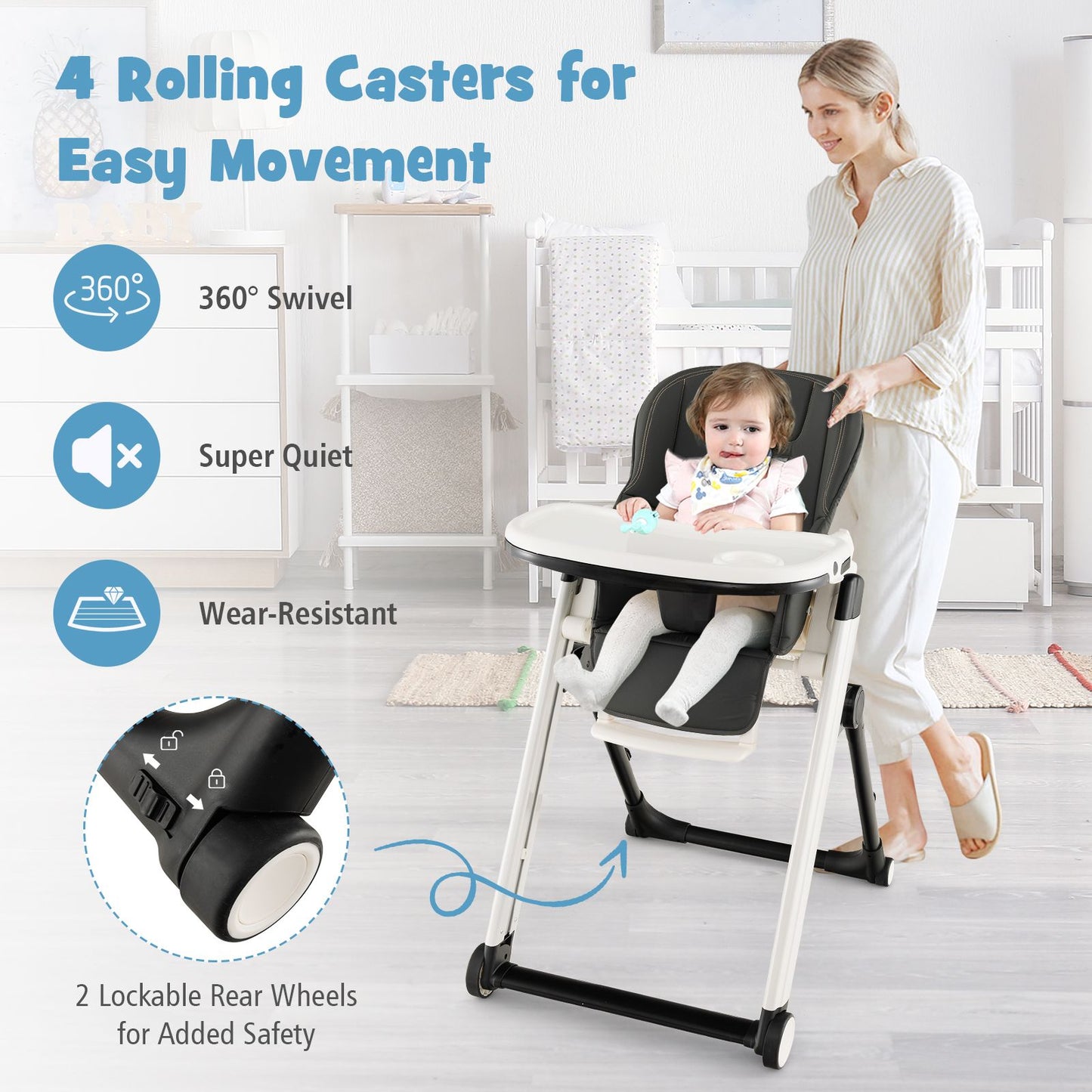 Foldable High Chair with Recline Backrest and Adjustable Height