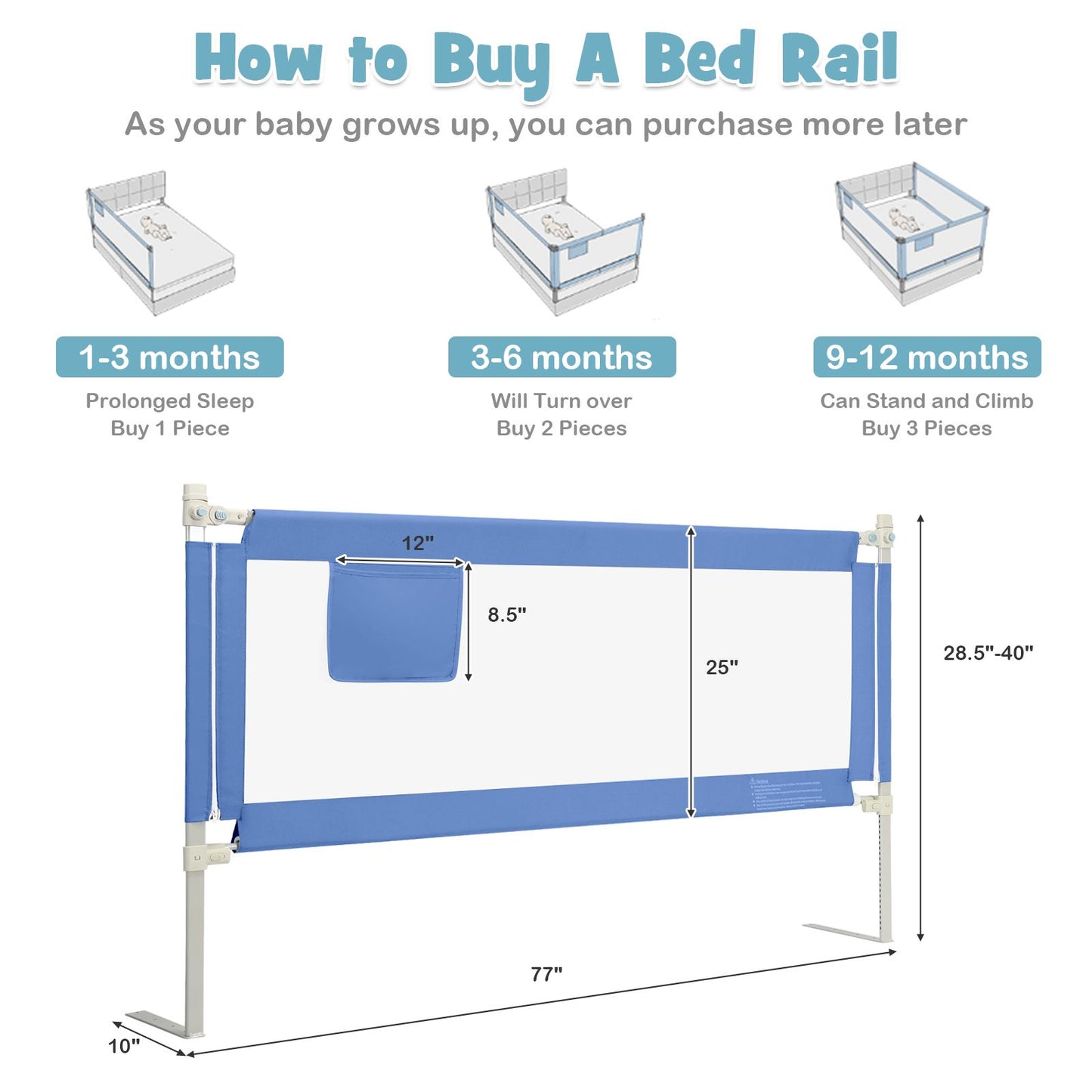 175 Cm Infant Safety Bed Guardrail with Anti-Collision Cotton and Side Pocket