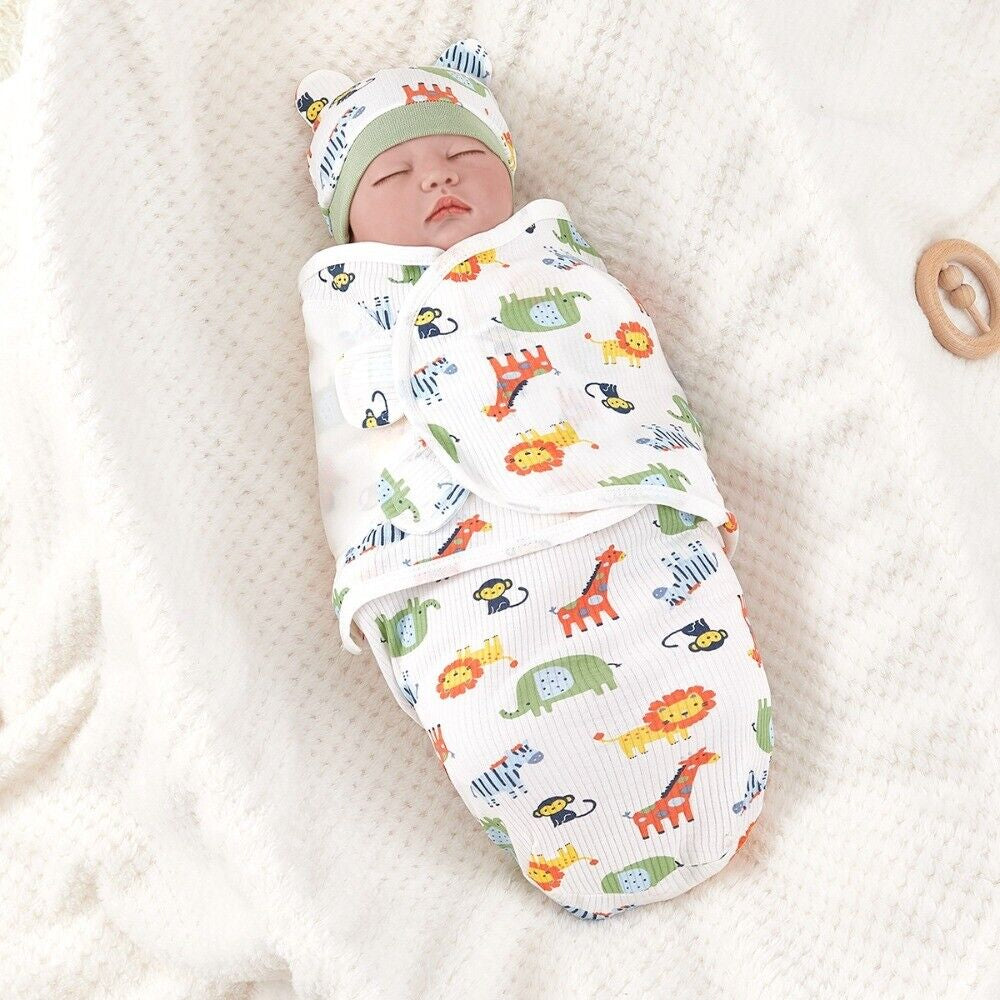 Soft Baby Swaddle Wrap Adjustable Newborn Wrap Baby Hat Set Birth Outfit