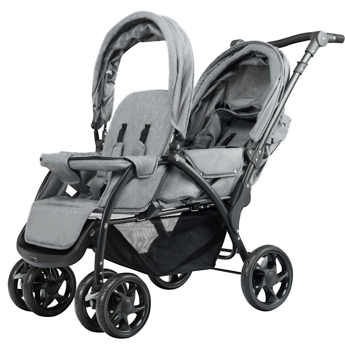 Double Pushchair with Adjustable Backrest and Sunshade