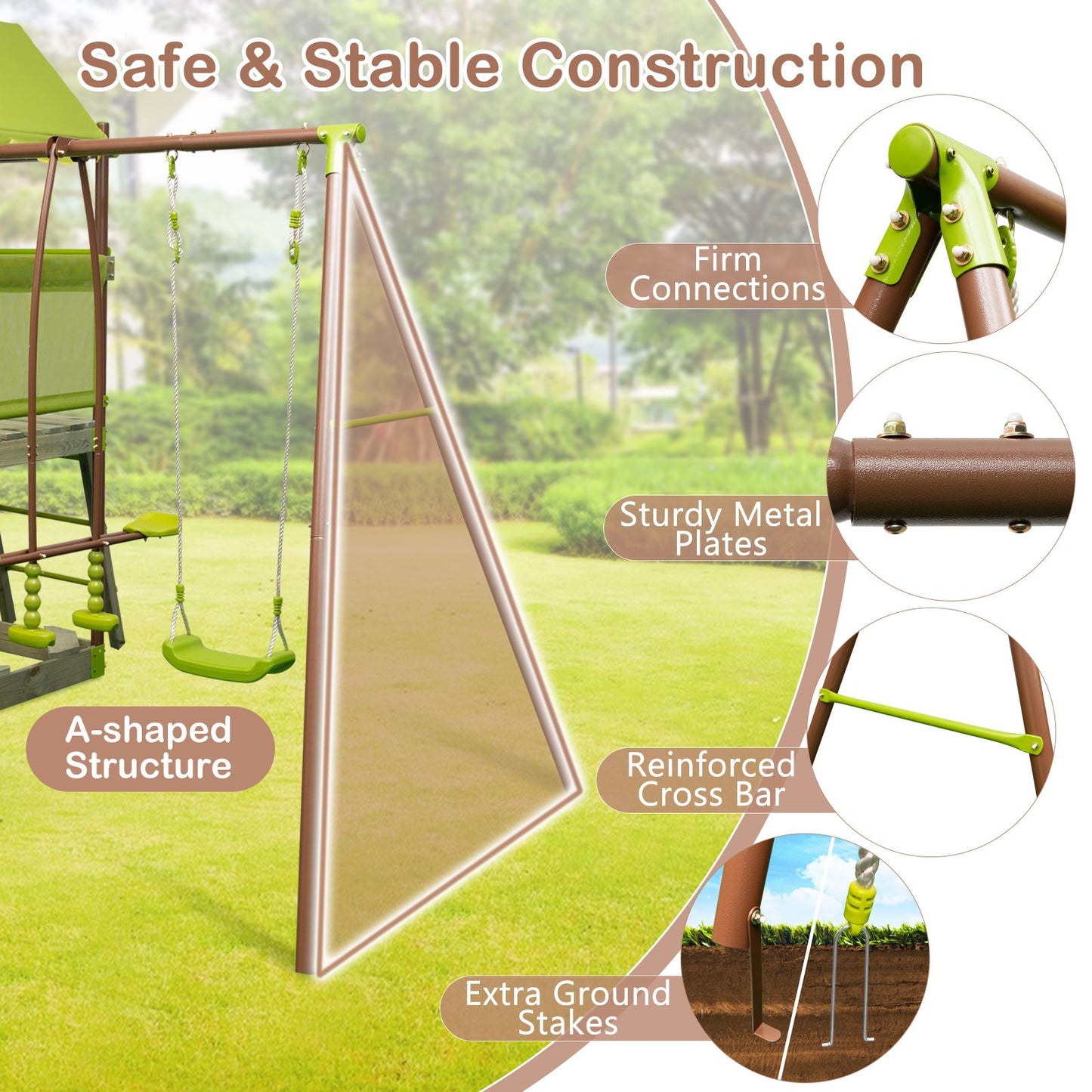7-In-1 Swing Set Outdoor Metal Playset with Covered Fort