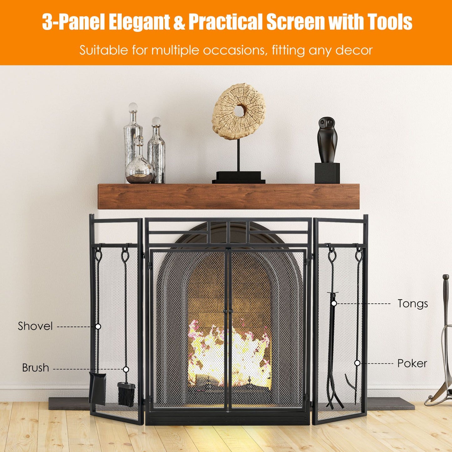 3-Panel Folding Fireplace Screen with Fireplace Tools Set