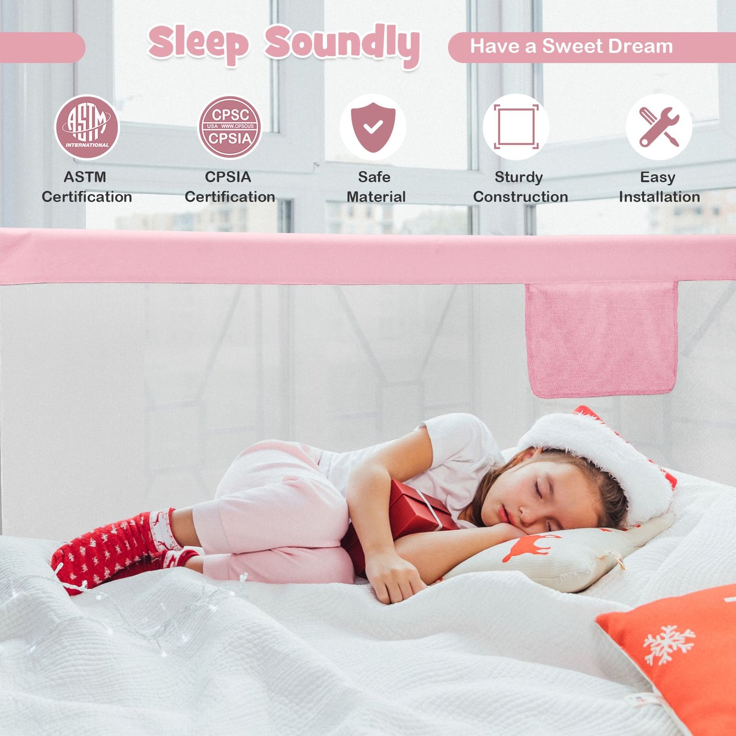 175 Cm Infant Safety Bed Guardrail with Anti-Collision Cotton and Side Pocket