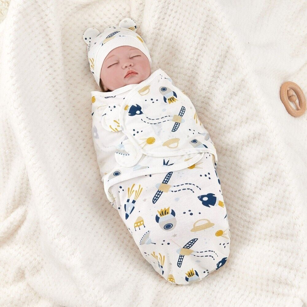Soft Baby Swaddle Wrap Adjustable Newborn Wrap Baby Hat Set Birth Outfit