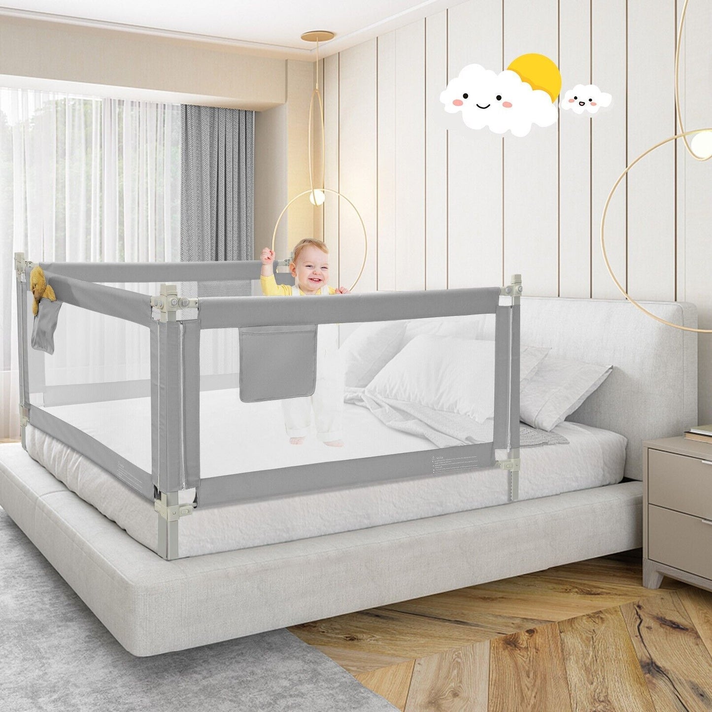 145Cm Height Adjustable Bed Rail with Storage Pocket and Safety Lock