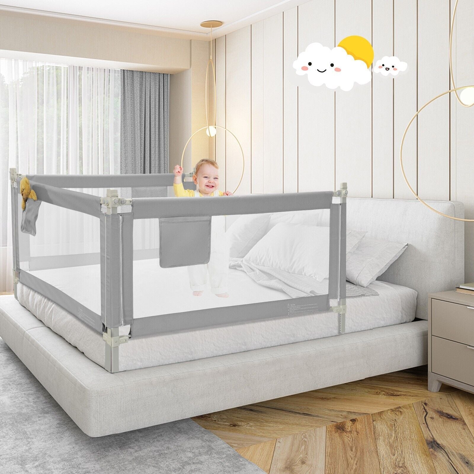145Cm Height Adjustable Bed Rail with Storage Pocket and Safety Lock