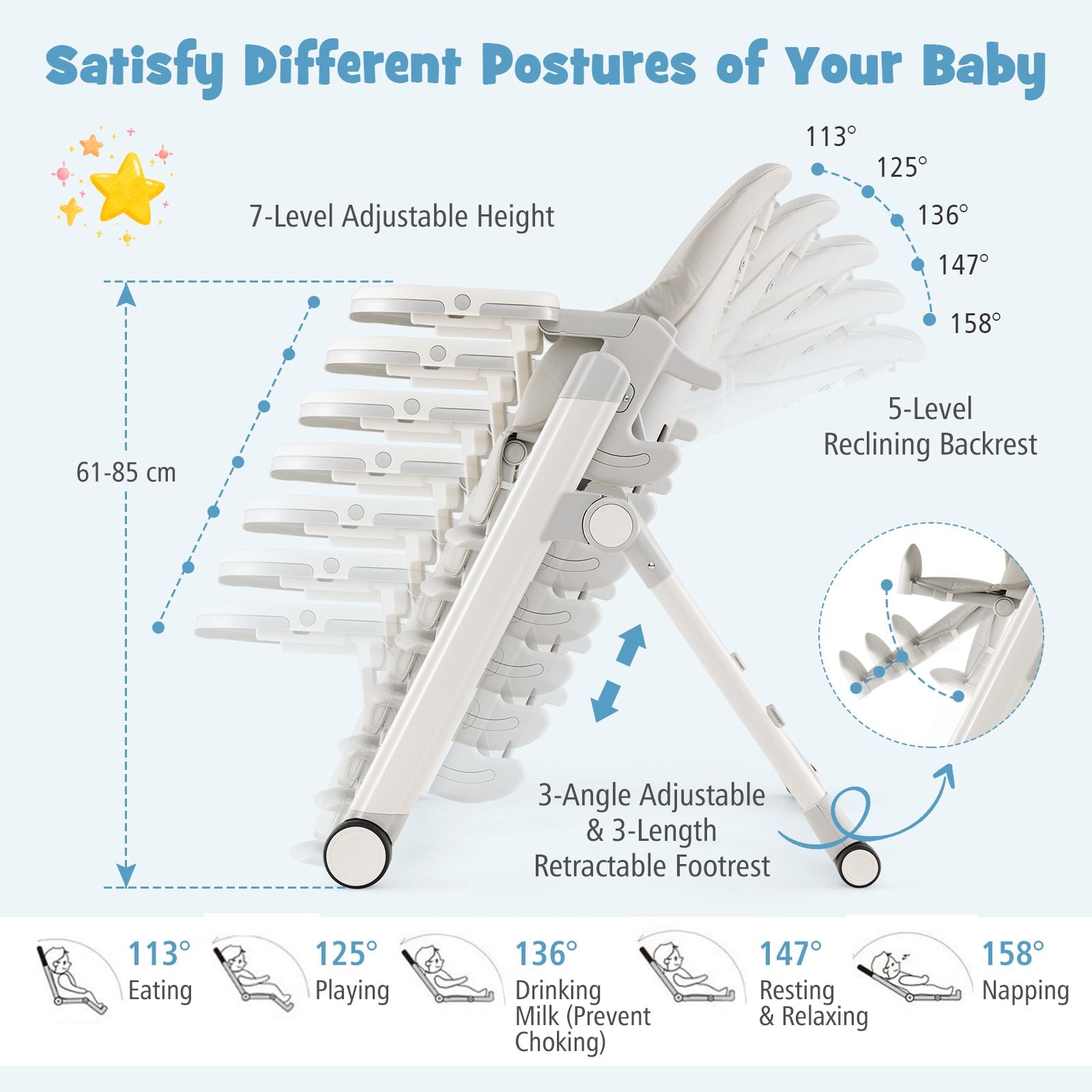 Foldable High Chair with Recline Backrest and Adjustable Height