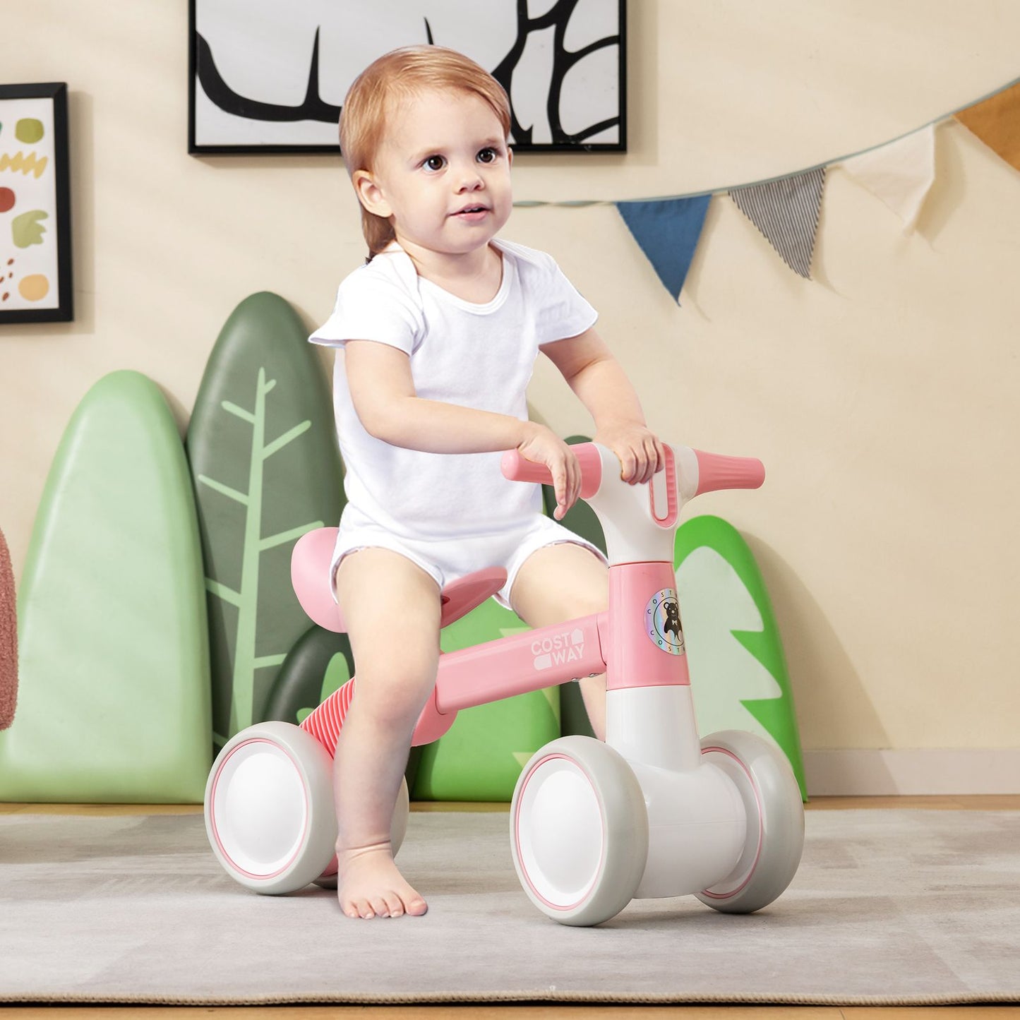 Cute Baby Balance Bike 4 Wheels with Steering Handlebars No Pedal