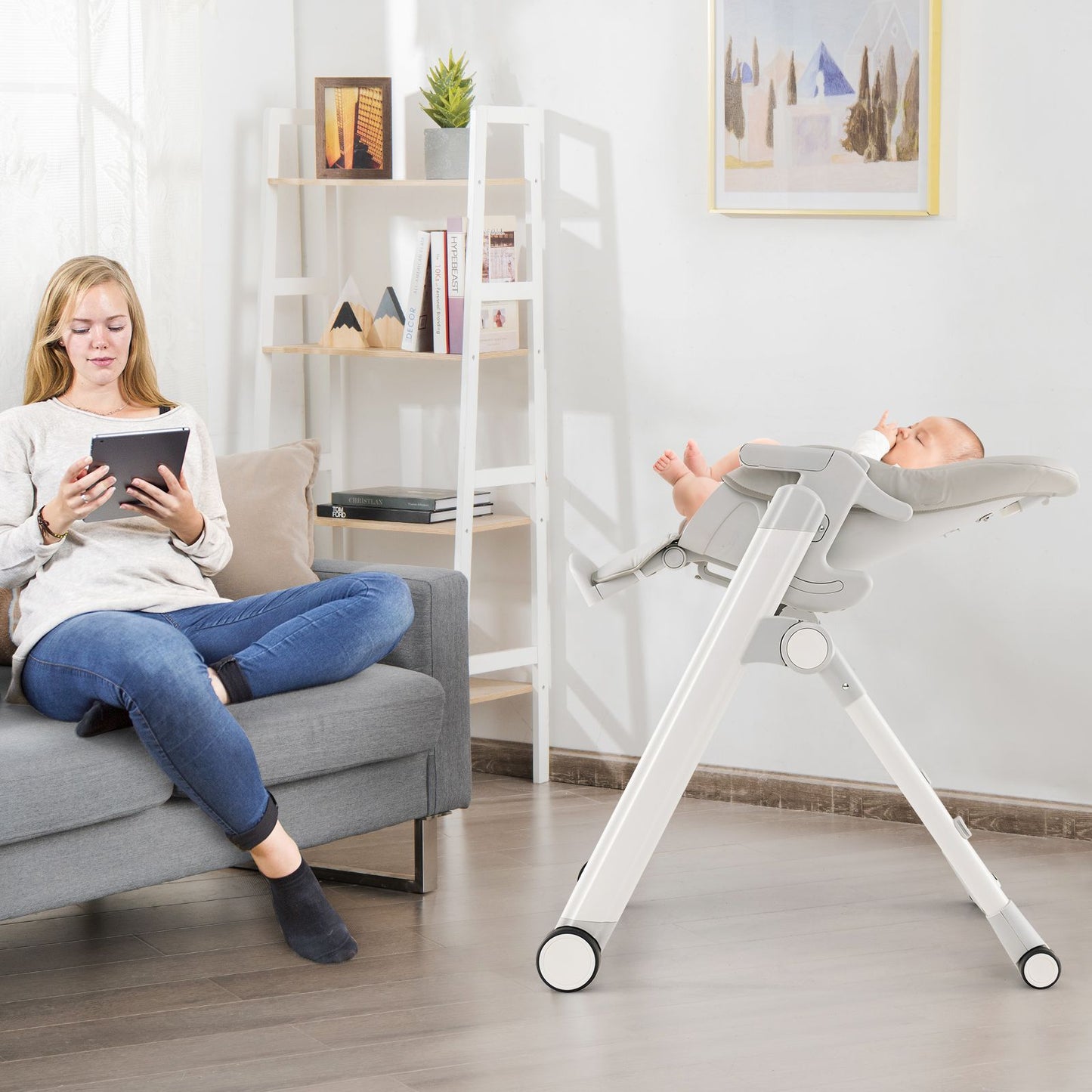 Foldable High Chair with Recline Backrest and Adjustable Height