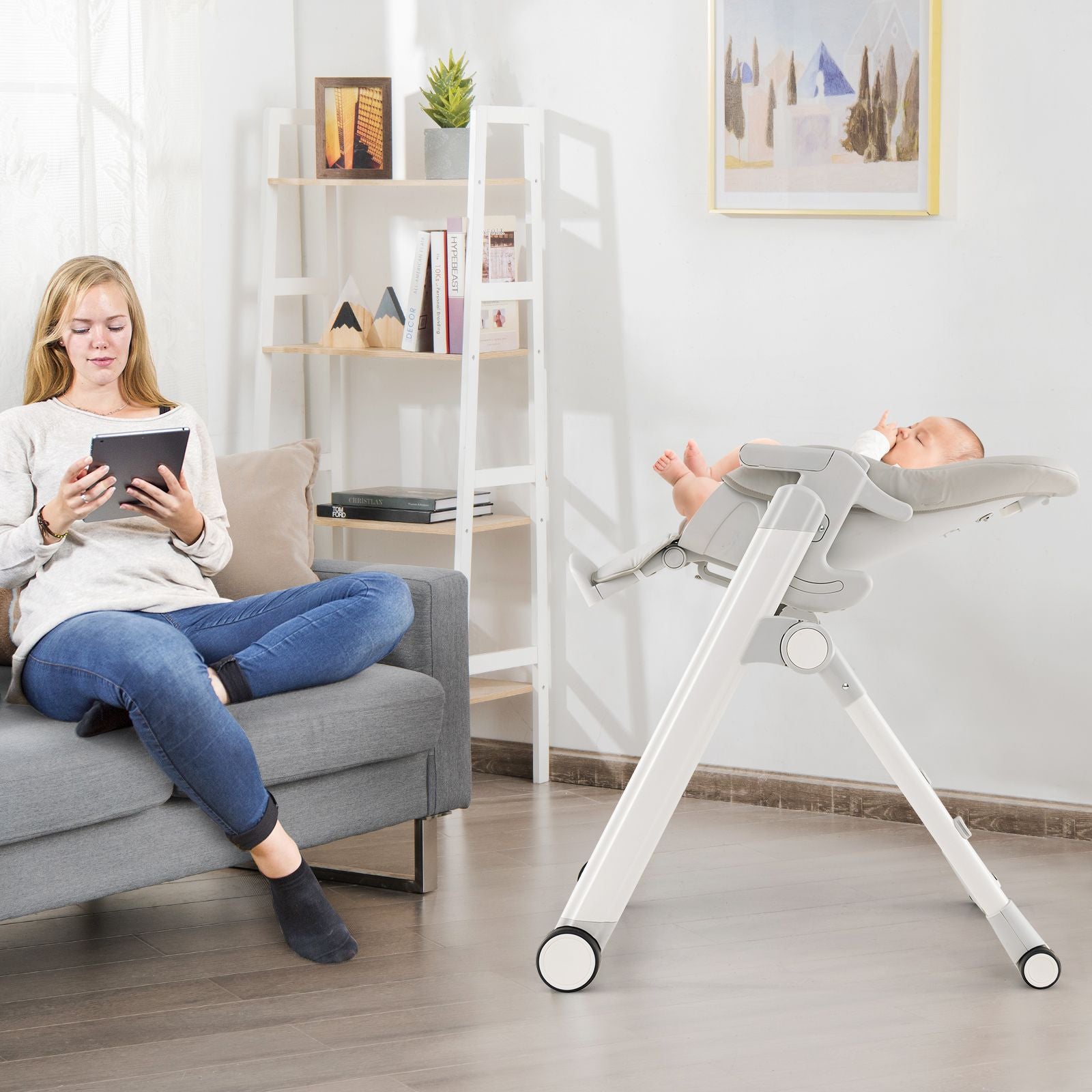 Foldable High Chair with Recline Backrest and Adjustable Height