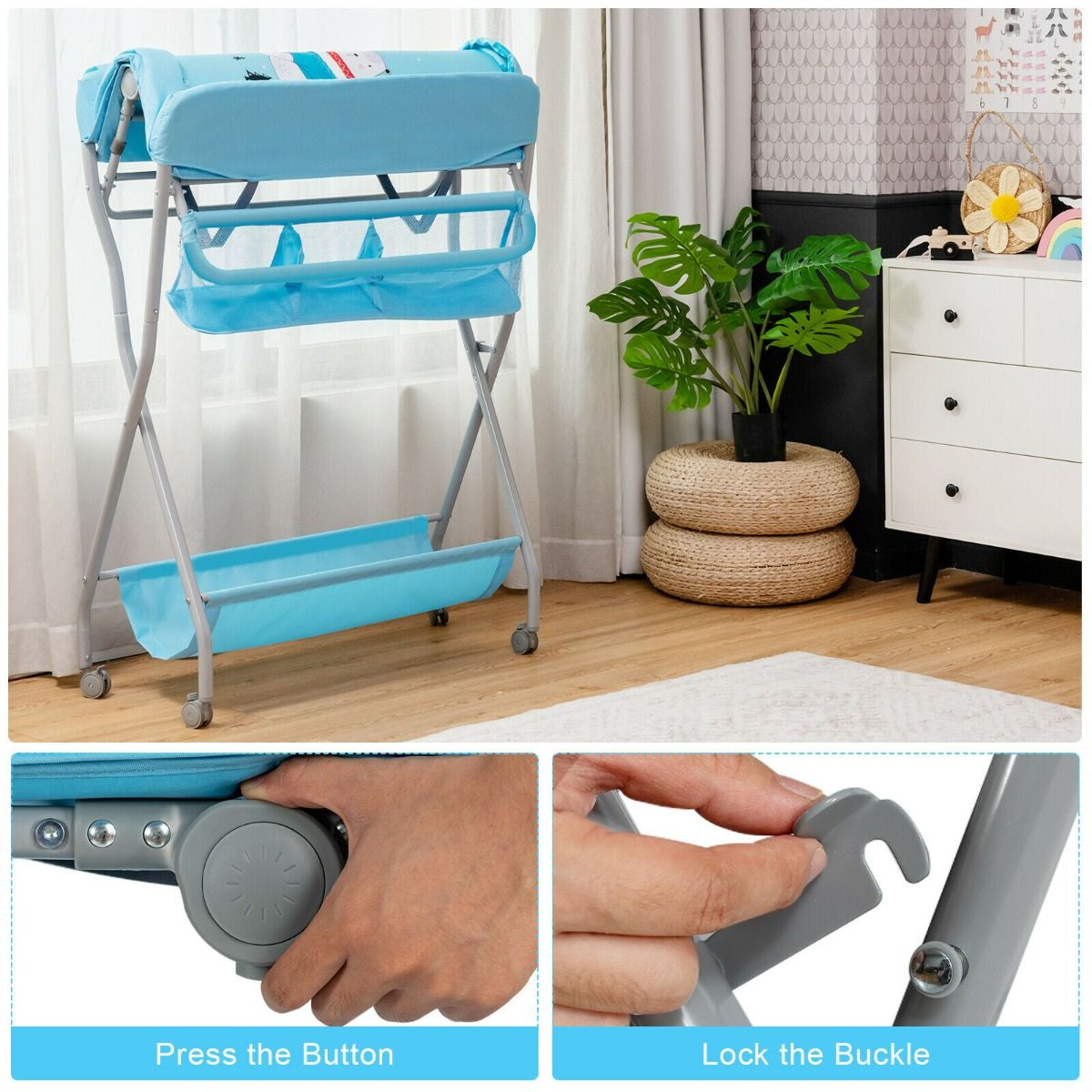Rolling Baby Changing Table with Large Storage Basket