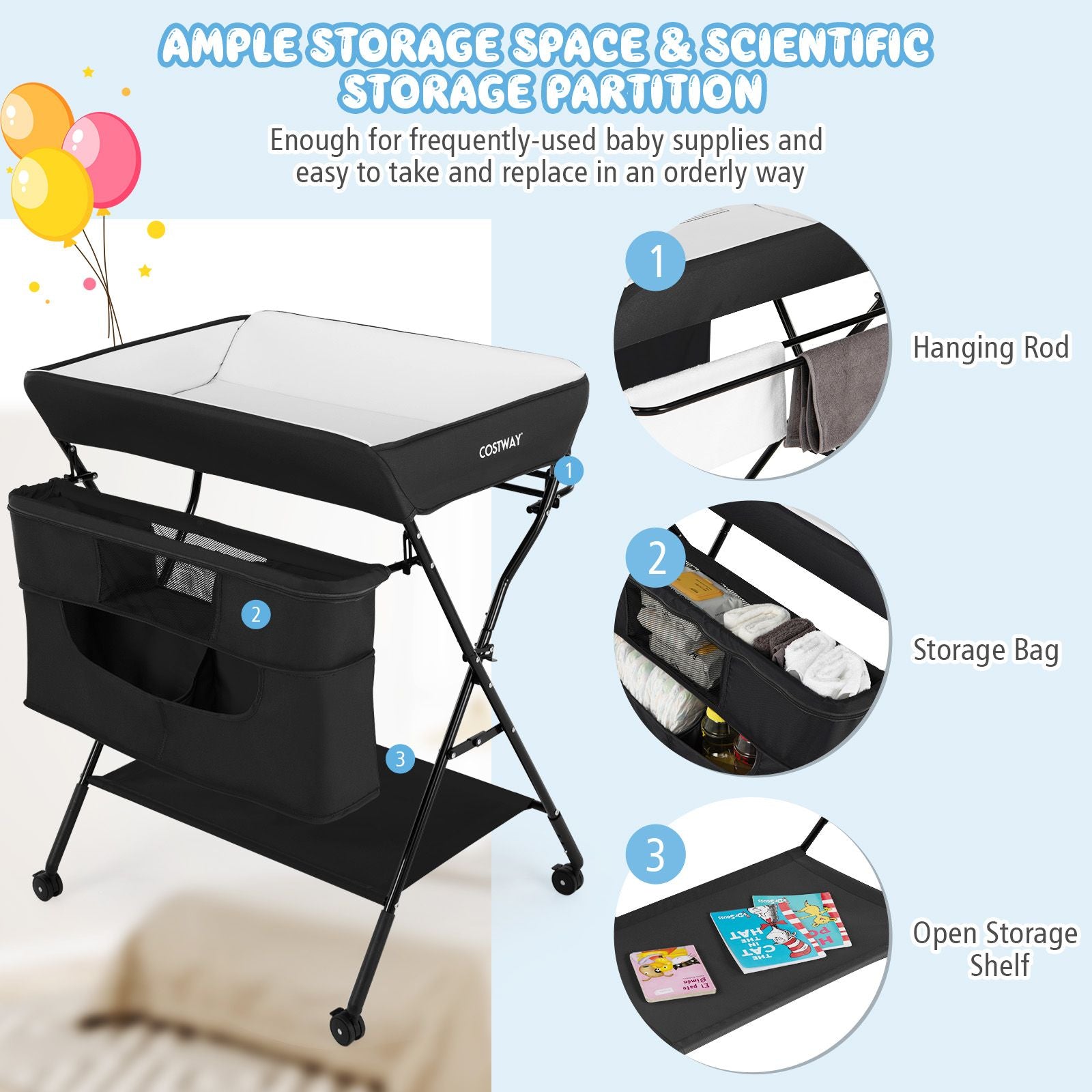 Folding Changing Table with 4-Level Adjustable Height and Wheels