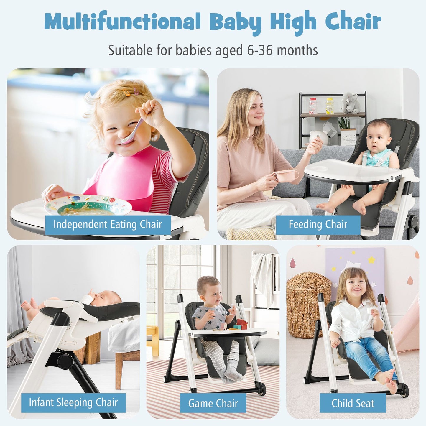 Foldable High Chair with Recline Backrest and Adjustable Height