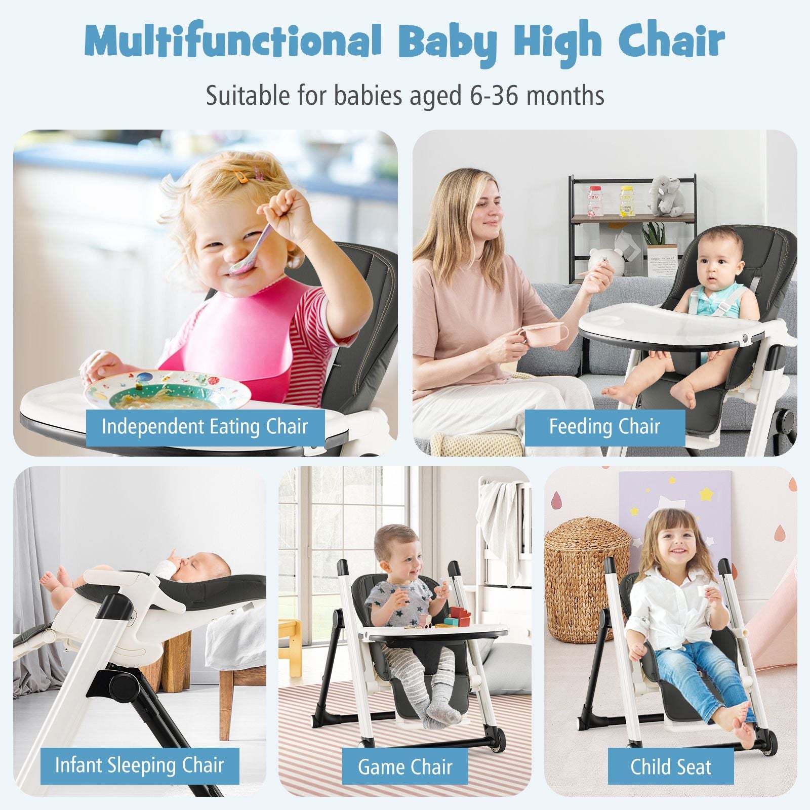 Foldable High Chair with Recline Backrest and Adjustable Height