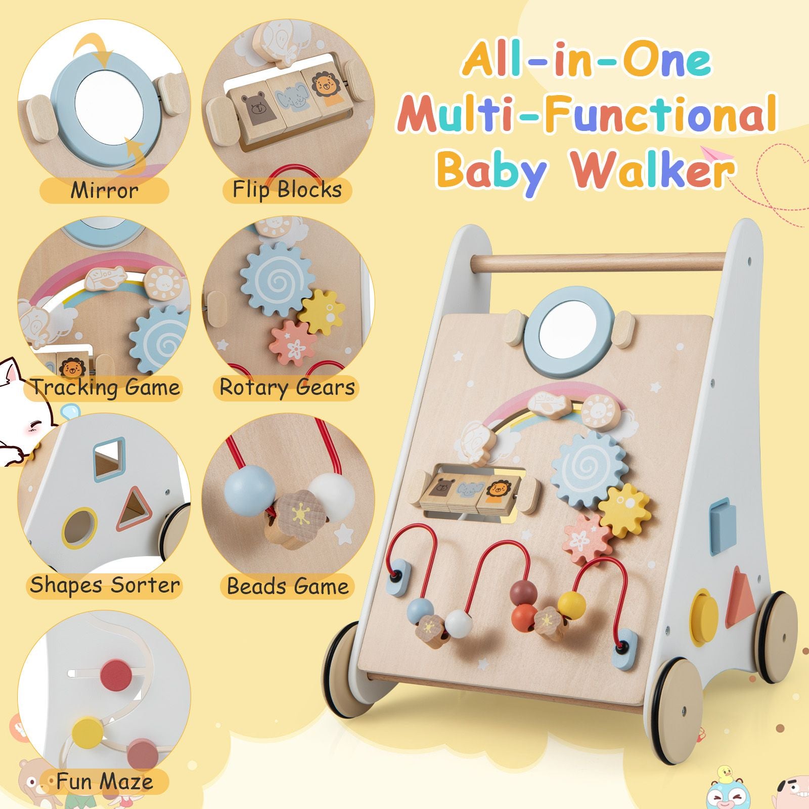 7 in 1 Baby Wooden Baby Walker for 1+ Year Old