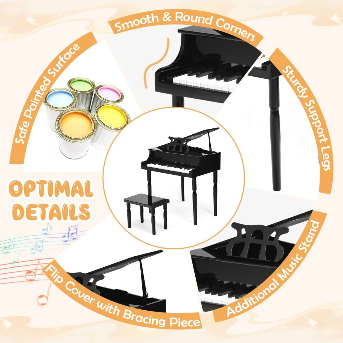 30-Key Classical Learn-To-Play Musical Instrument Toy with Music Stand and Solid Wood Legs