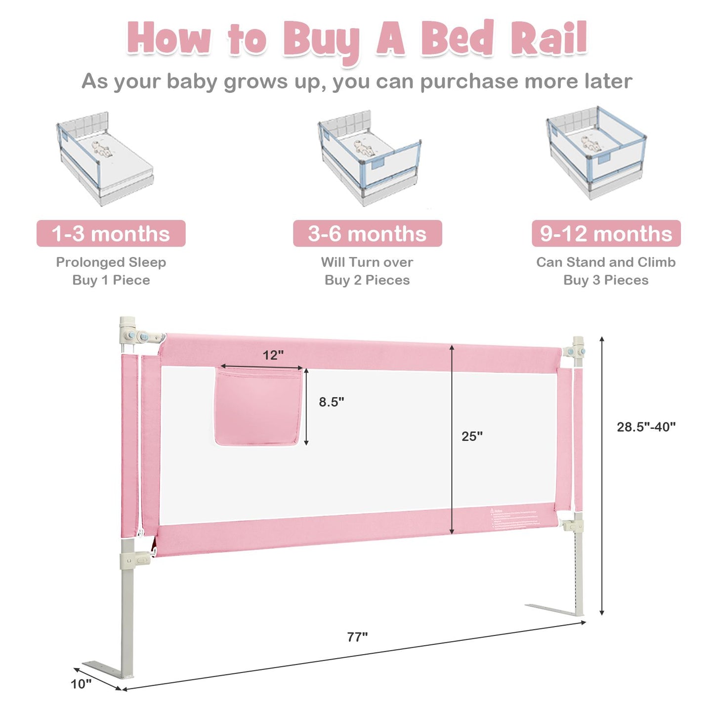 175 Cm Infant Safety Bed Guardrail with Anti-Collision Cotton and Side Pocket