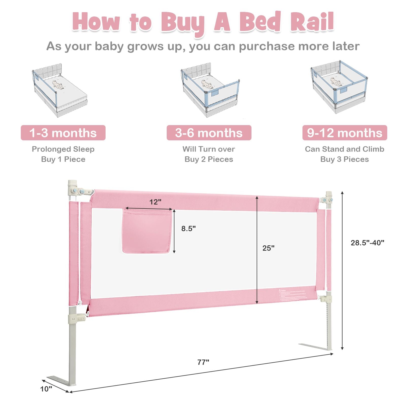 175 Cm Infant Safety Bed Guardrail with Anti-Collision Cotton and Side Pocket