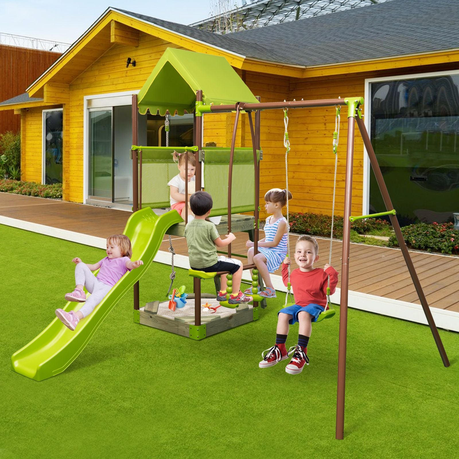 7-In-1 Swing Set Outdoor Metal Playset with Covered Fort