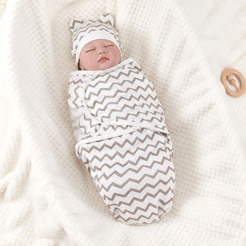 Soft Baby Swaddle Wrap Adjustable Newborn Wrap Baby Hat Set Birth Outfit