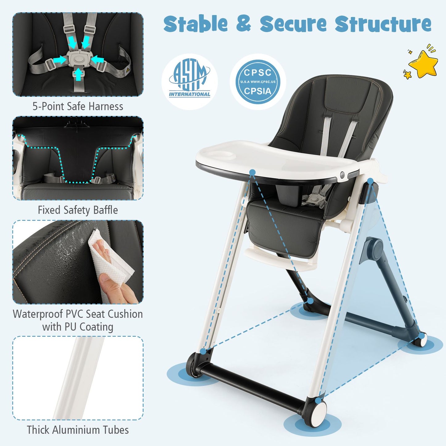 Foldable High Chair with Recline Backrest and Adjustable Height