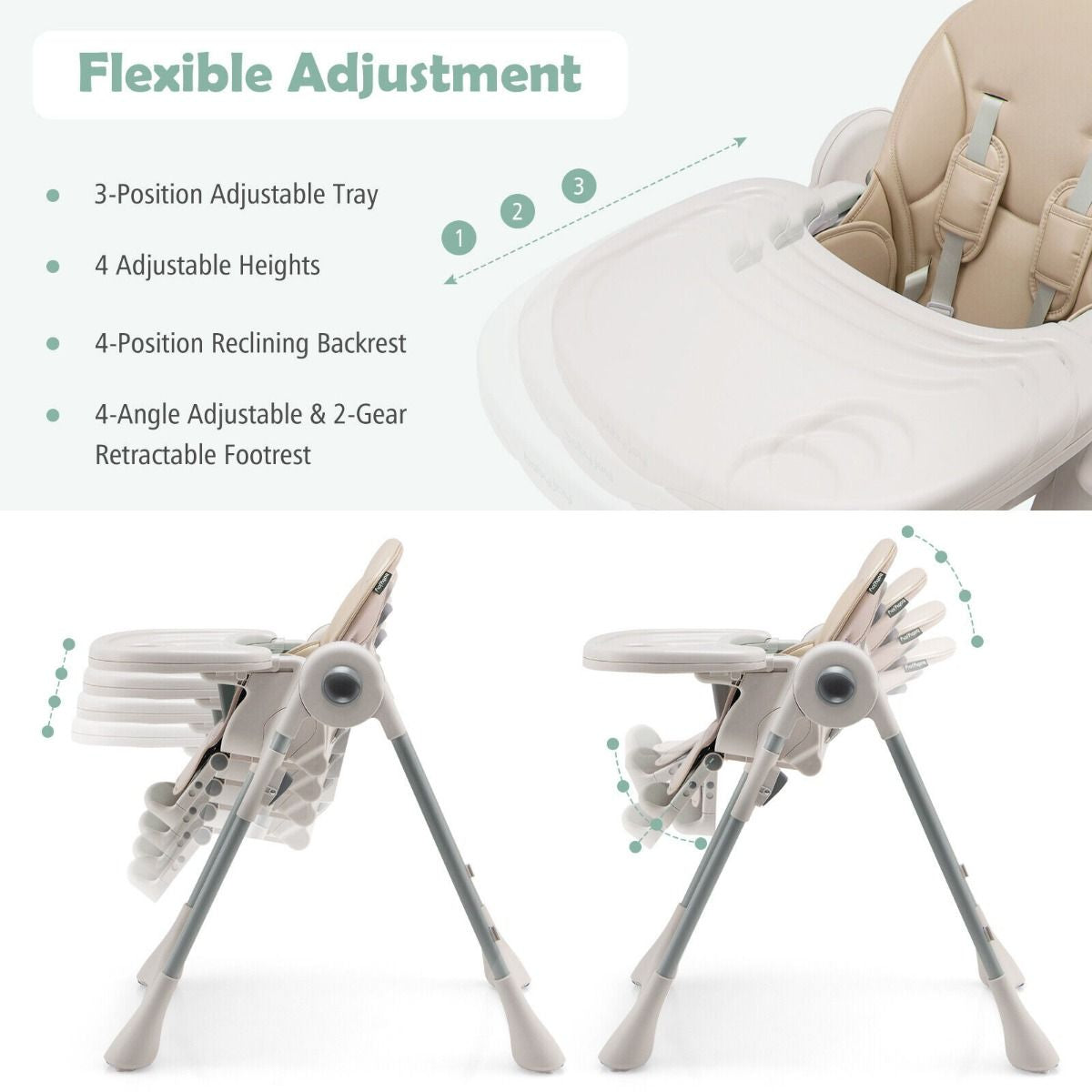 Foldable Convertible Baby High Chair with Adjustable Height and Removable Tray